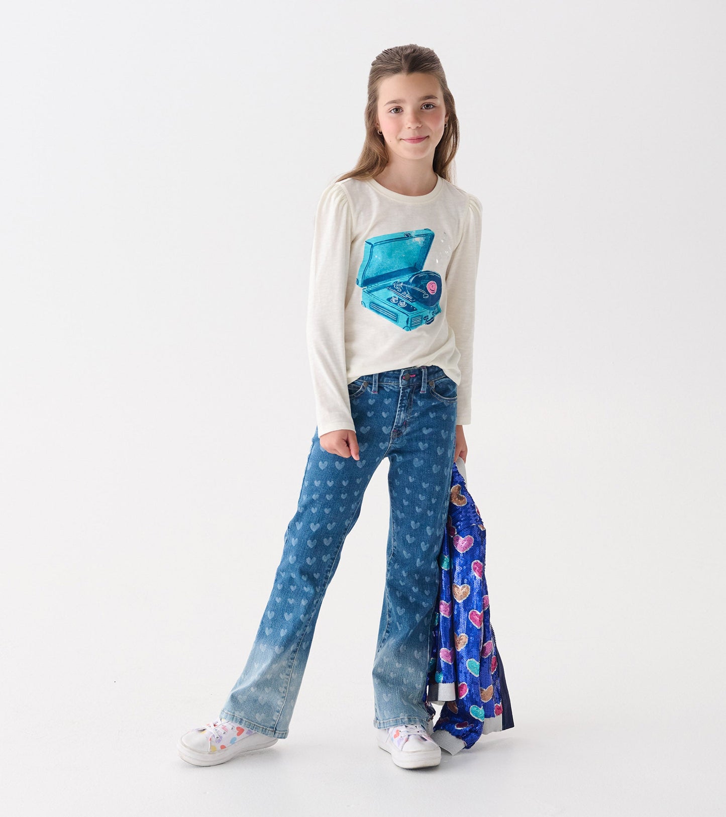 Girls Record Player Puff Sleeve Graphic Tee