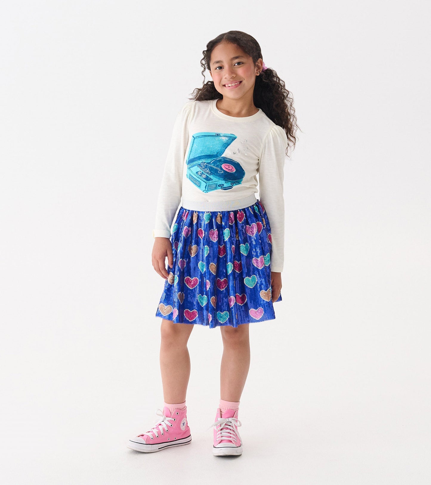 Girls Record Player Puff Sleeve Graphic Tee