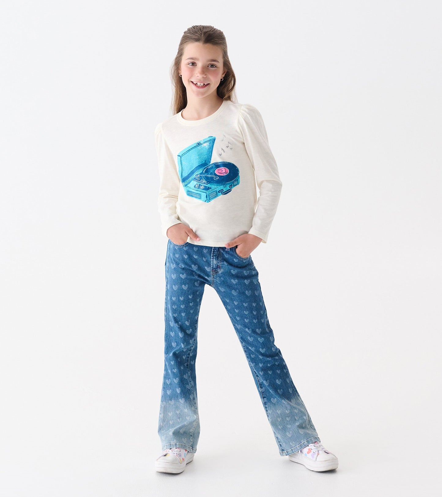 Girls Record Player Puff Sleeve Graphic Tee