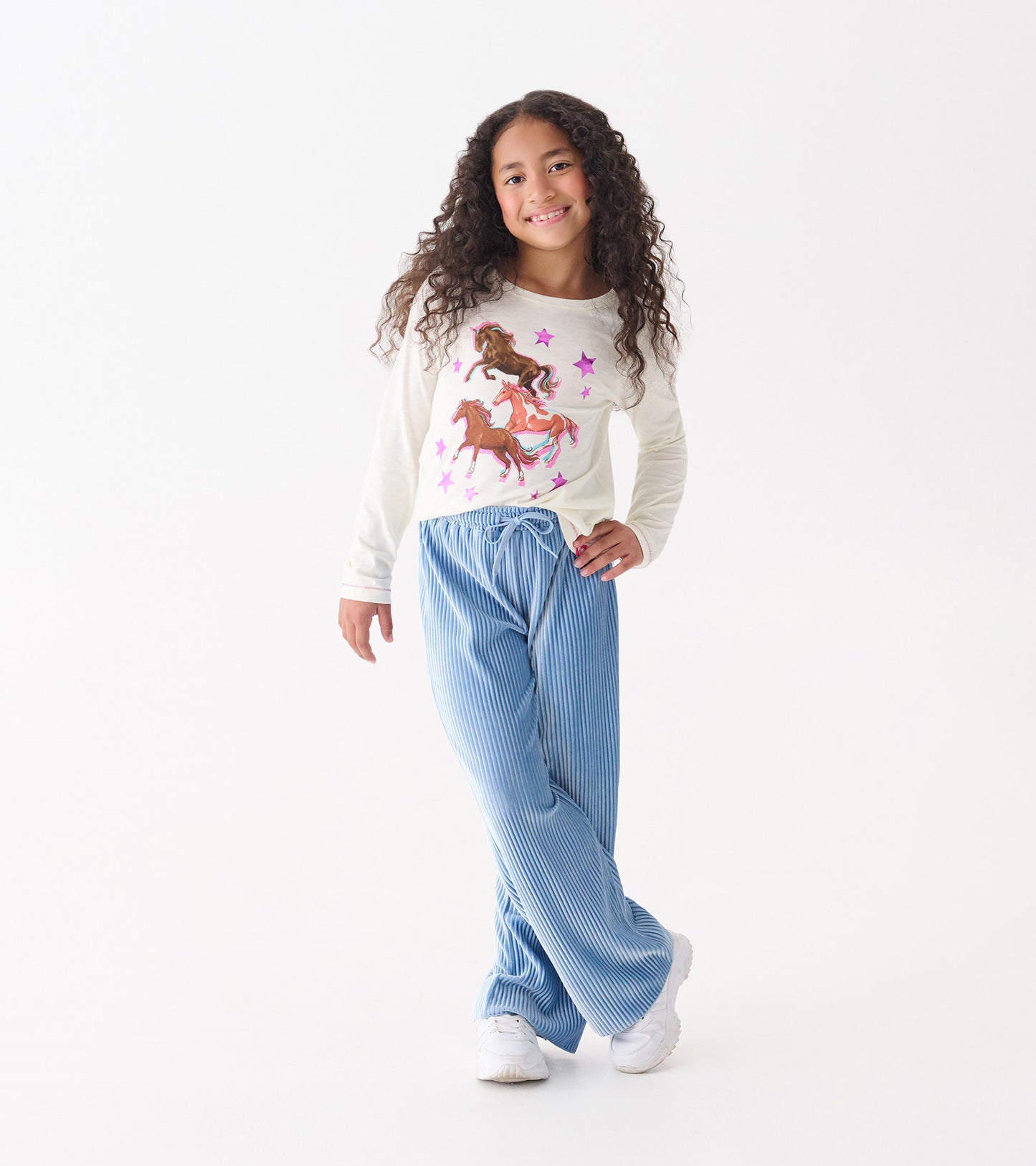 Girls Cornflower Blue Pleated Velour Relaxed Pants