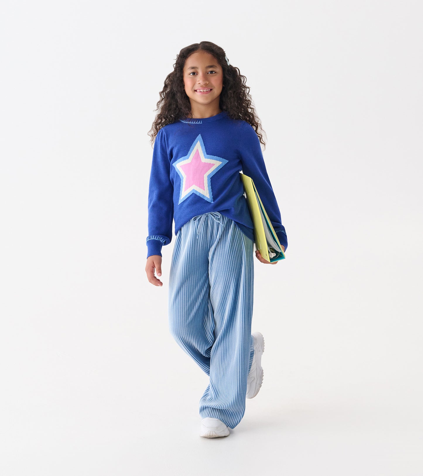Girls Cornflower Blue Pleated Velour Relaxed Pants