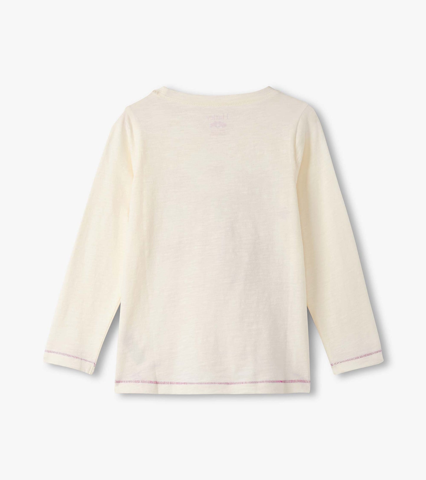 Cream long sleeve tee with a relaxed fit and pink stitching details, suitable for casual wear.