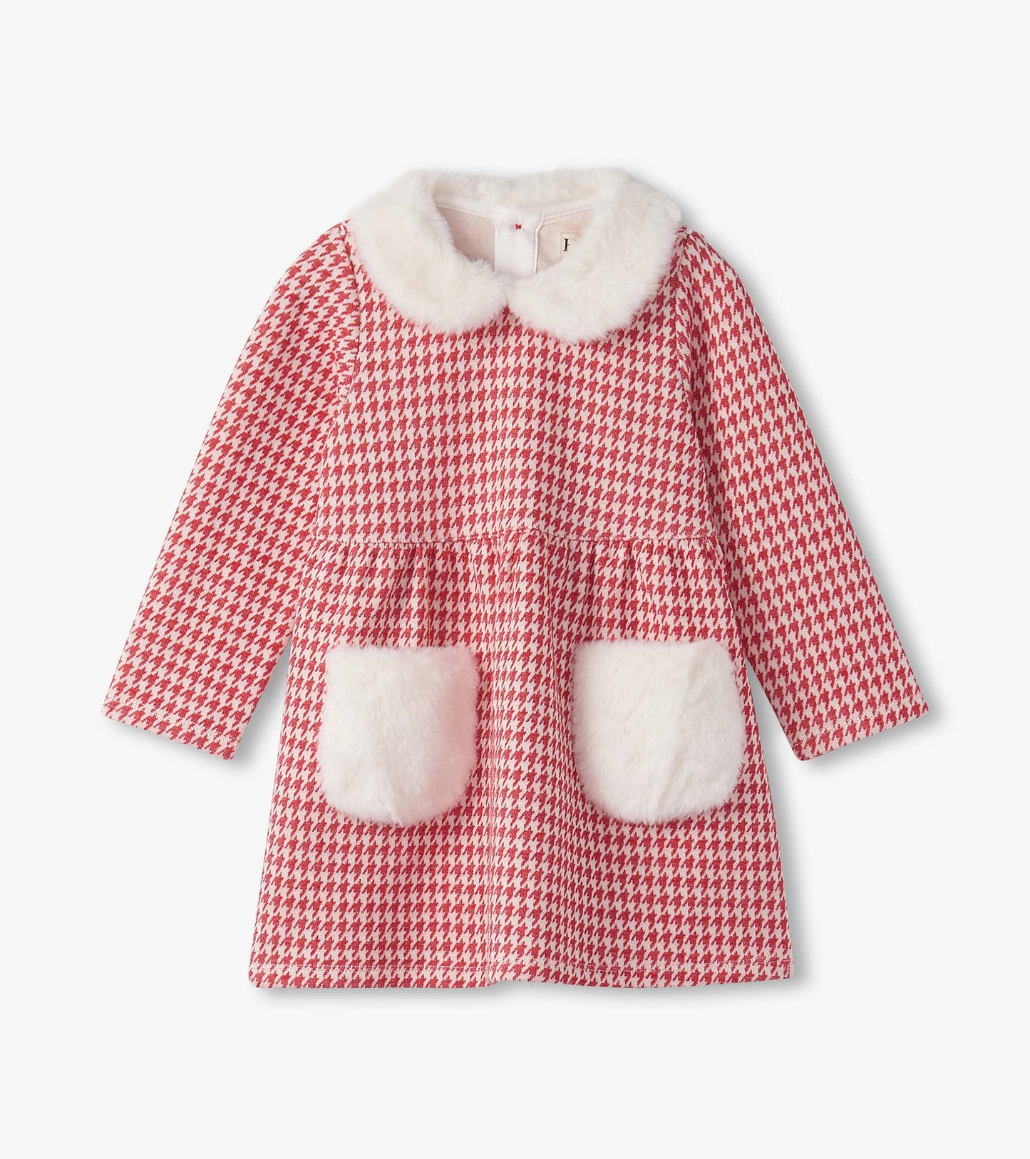 Red houndstooth dress with a fluffy white collar and pockets, designed for baby and toddler girls.