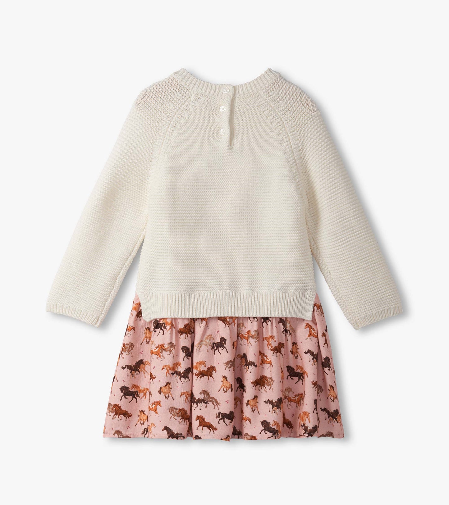 Cream knit sweater top with a pink skirt featuring a mixed media horse print, suitable for baby and toddler girls.