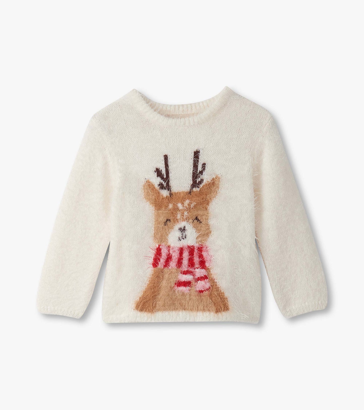 Cream-colored fuzzy sweater featuring a reindeer with antlers and a red-striped scarf. Suitable for baby and toddler girls.