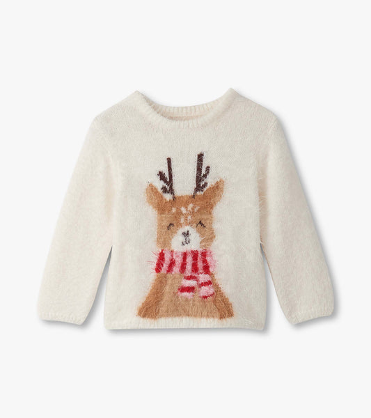 Cream-colored fuzzy sweater featuring a reindeer with antlers and a red-striped scarf. Suitable for baby and toddler girls.
