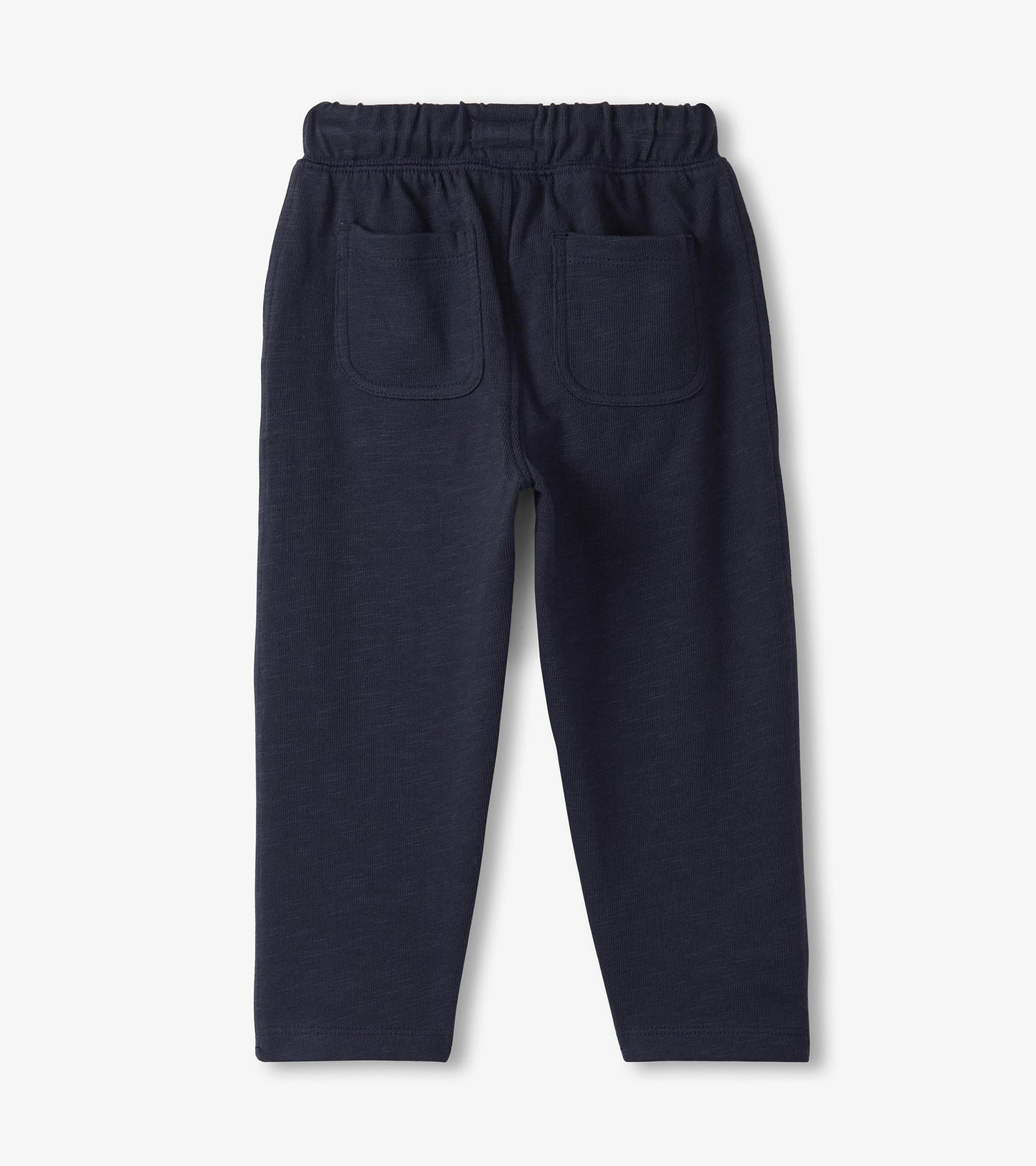 Navy blue lounge pants for baby and toddler boys with an elastic waistband and two back pockets.