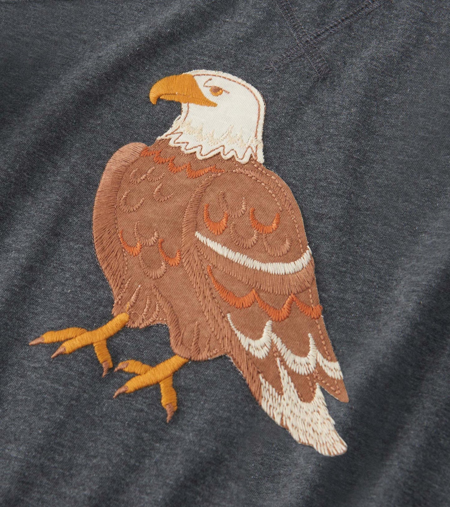 Dark gray long sleeve raglan t-shirt featuring an embroidered eagle design in brown and orange tones.