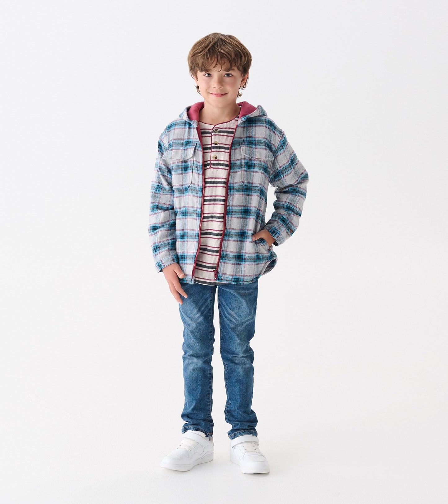 Charcoal and maroon plaid hooded jacket with a lined interior, worn by a boy over a striped shirt and jeans.