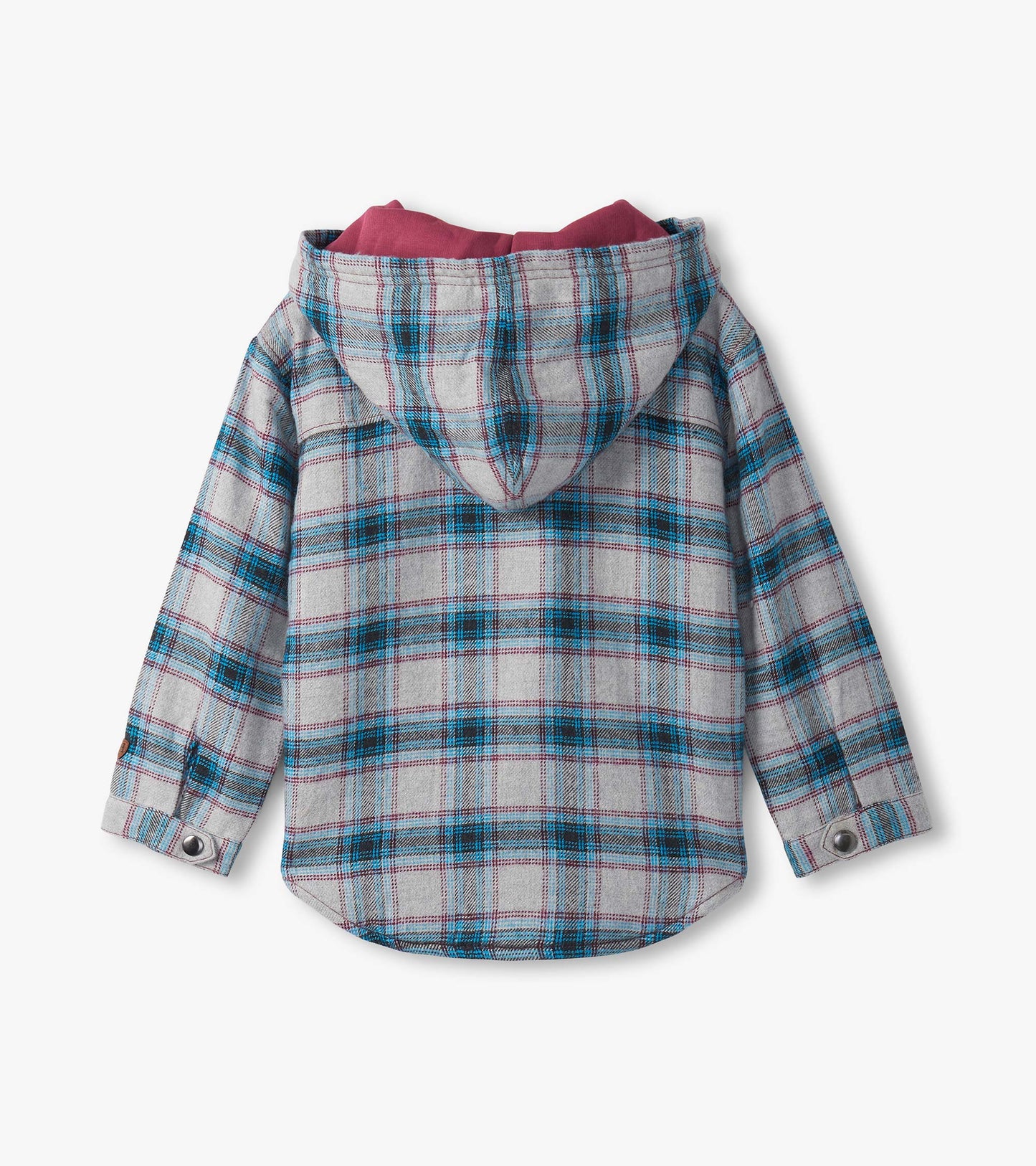 Charcoal and maroon plaid hooded jacket with a lined interior, featuring a relaxed fit and buttoned cuffs.
