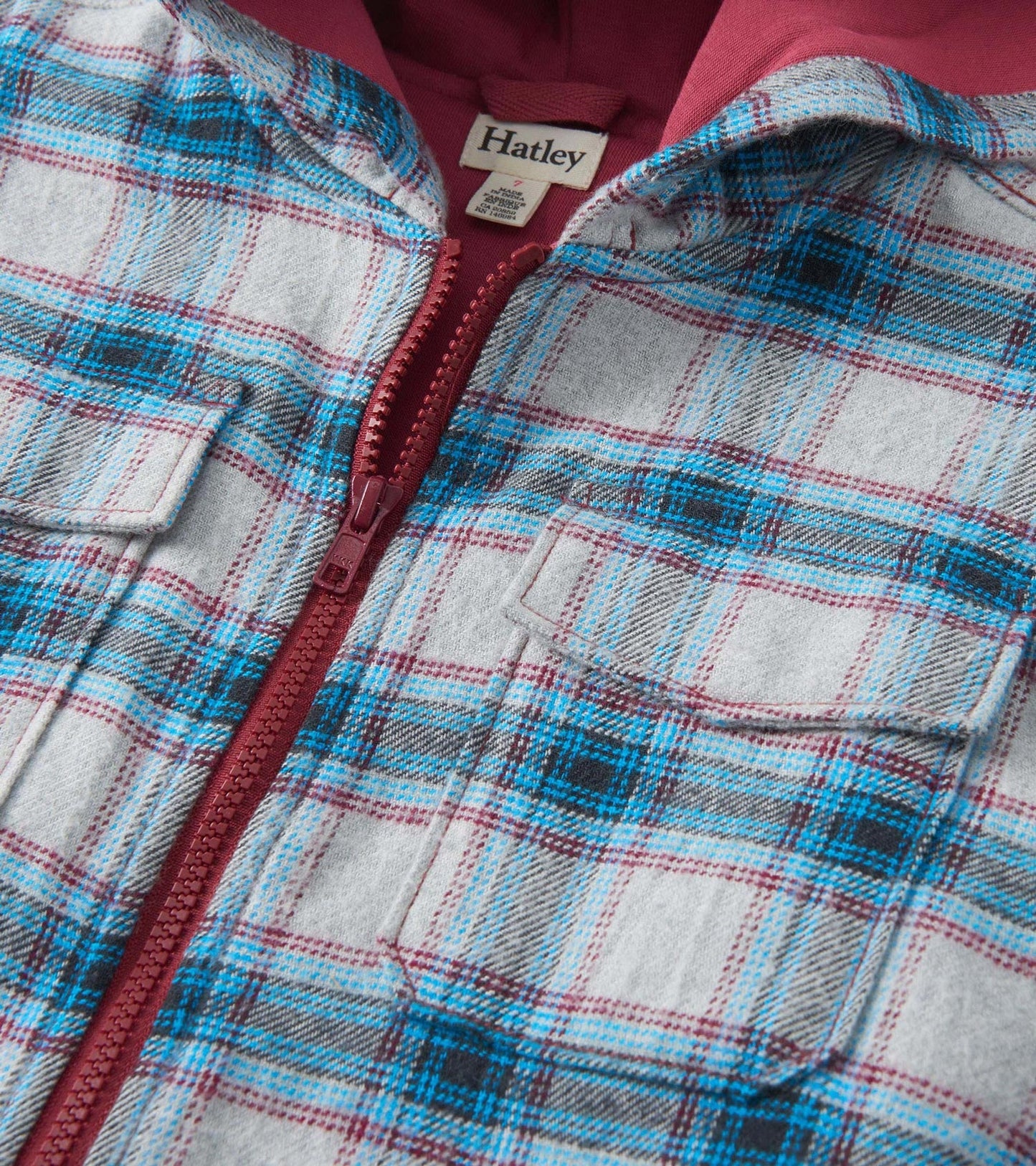 Charcoal and maroon plaid hooded jacket with a zip front and two chest pockets, featuring a soft lined interior.