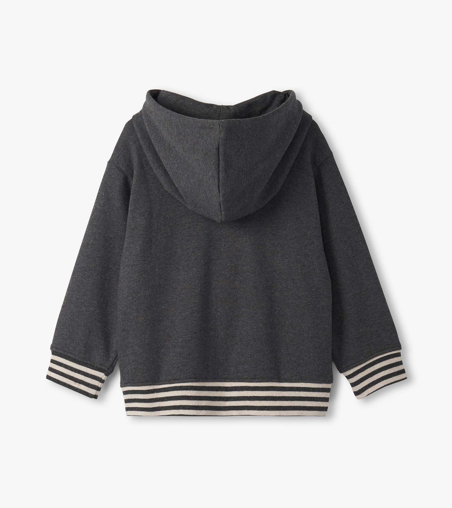 Charcoal melange pullover hoodie with a hood and striped cuffs and hem, designed for boys.