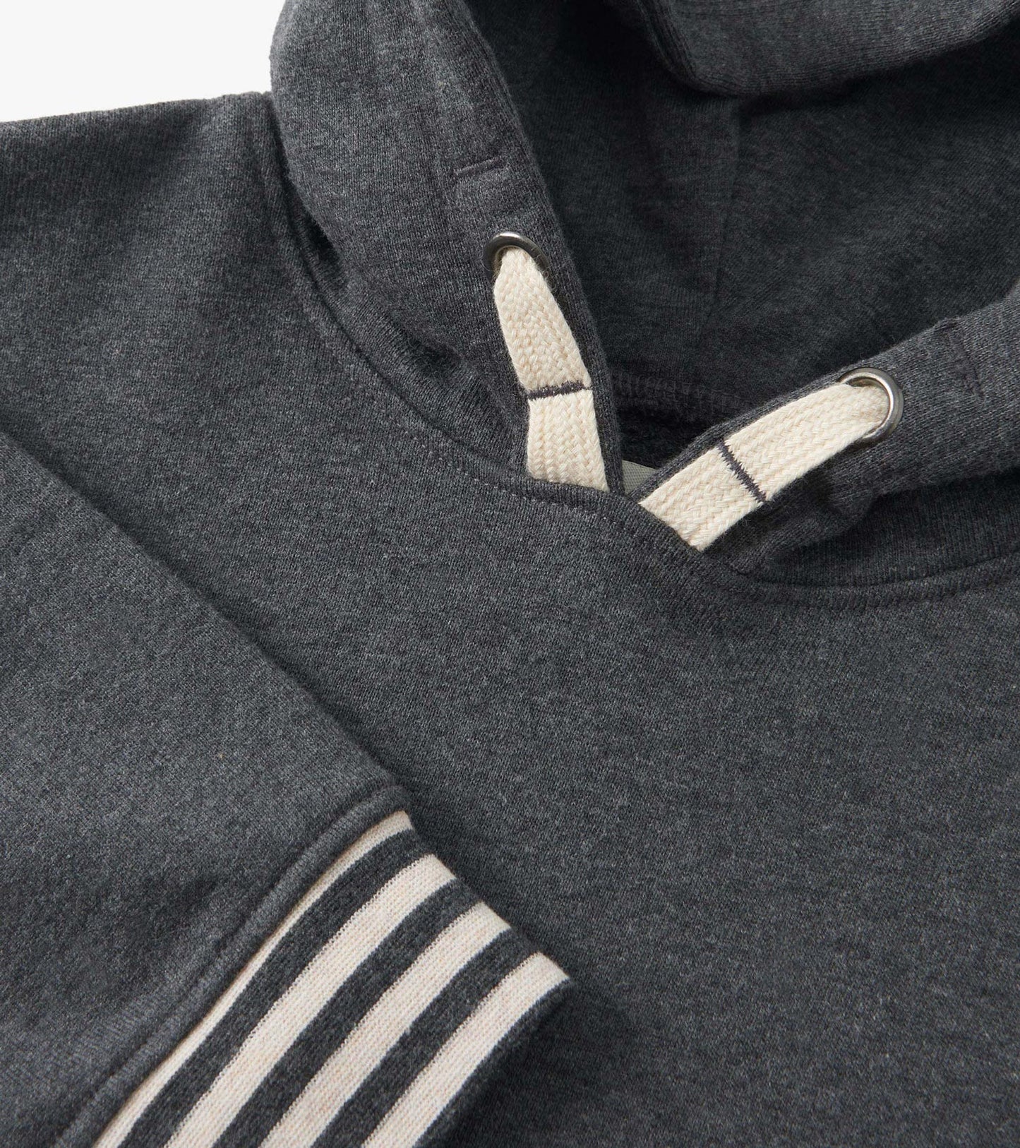 Charcoal melange pullover hoodie with a drawstring hood and striped cuffs, made from soft fabric.