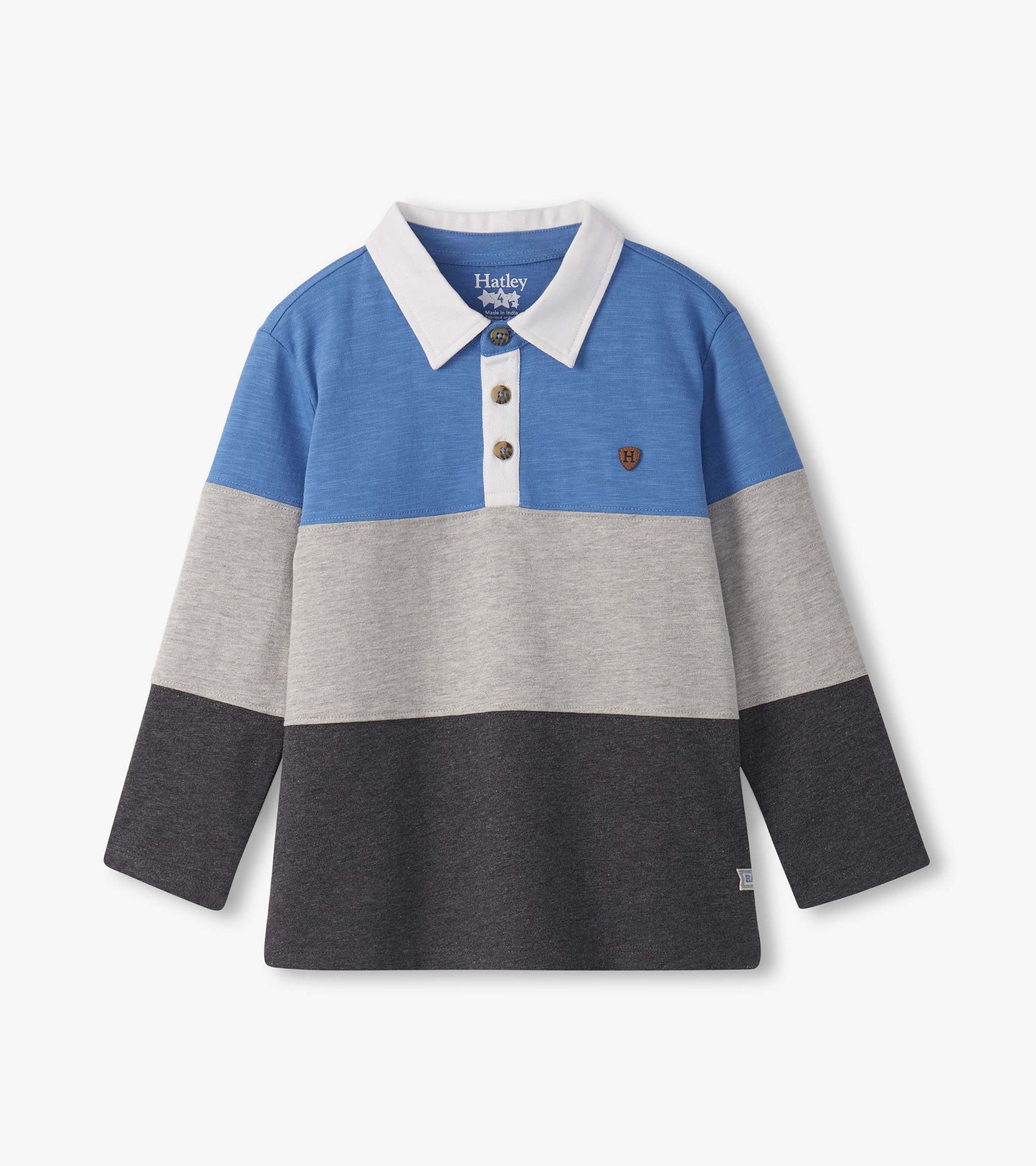 Blue and grey colour block long sleeve polo shirt with a white collar and three-button placket.