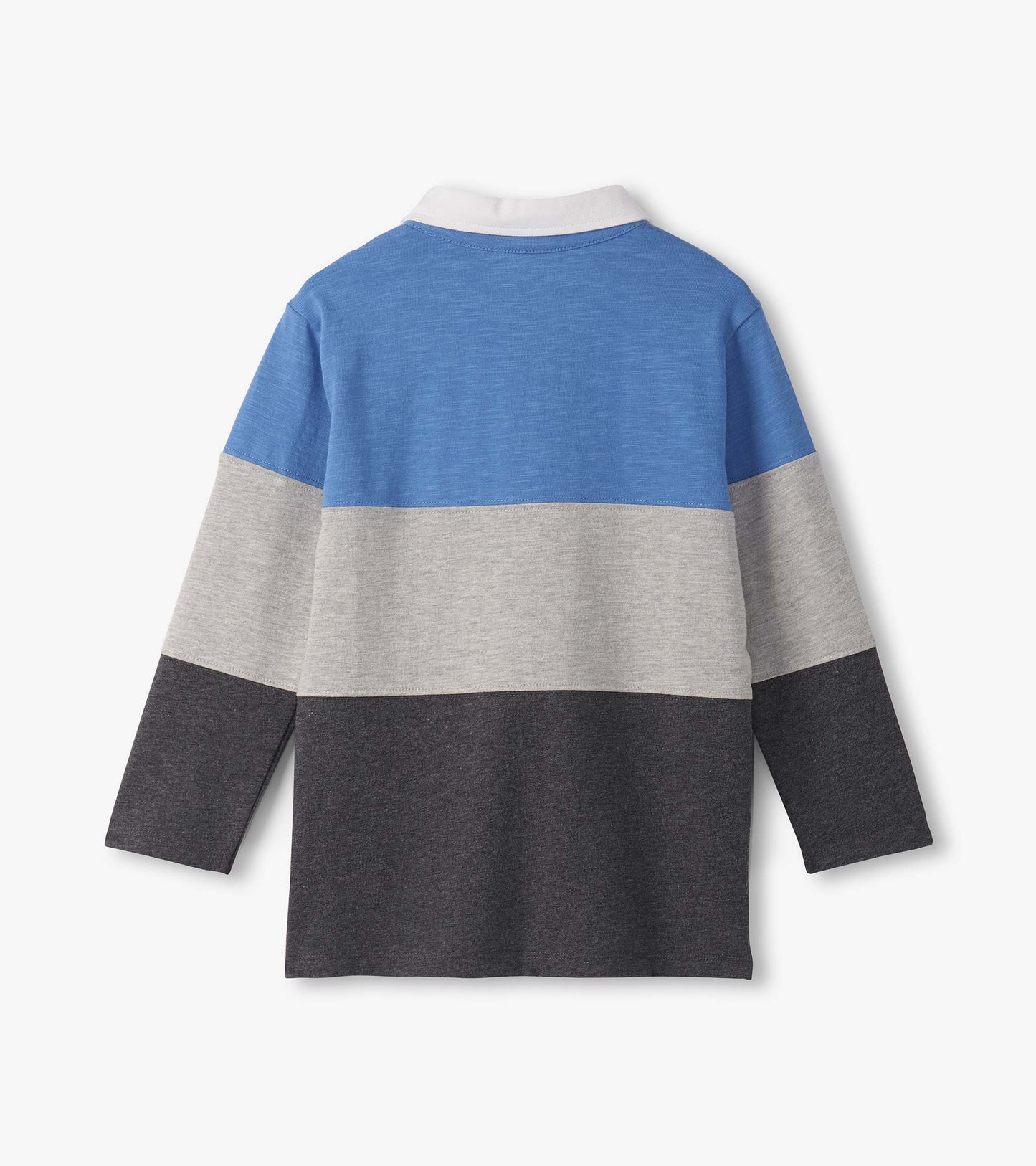 Long sleeve polo shirt featuring a blue, grey, and dark grey color block design with a white collar.