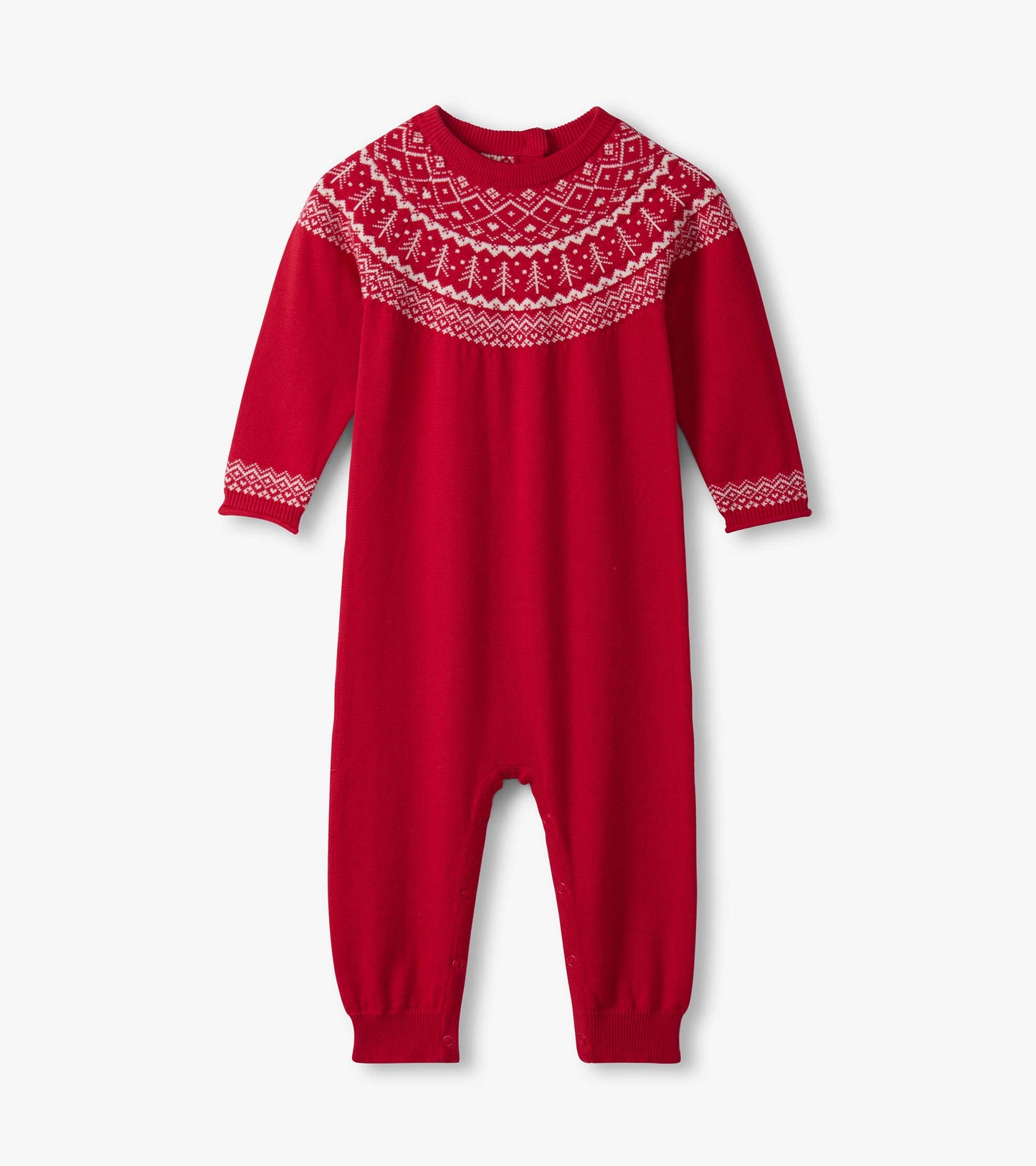 Red Fair Isle sweater romper with long sleeves, featuring a decorative white pattern around the neckline and cuffs.