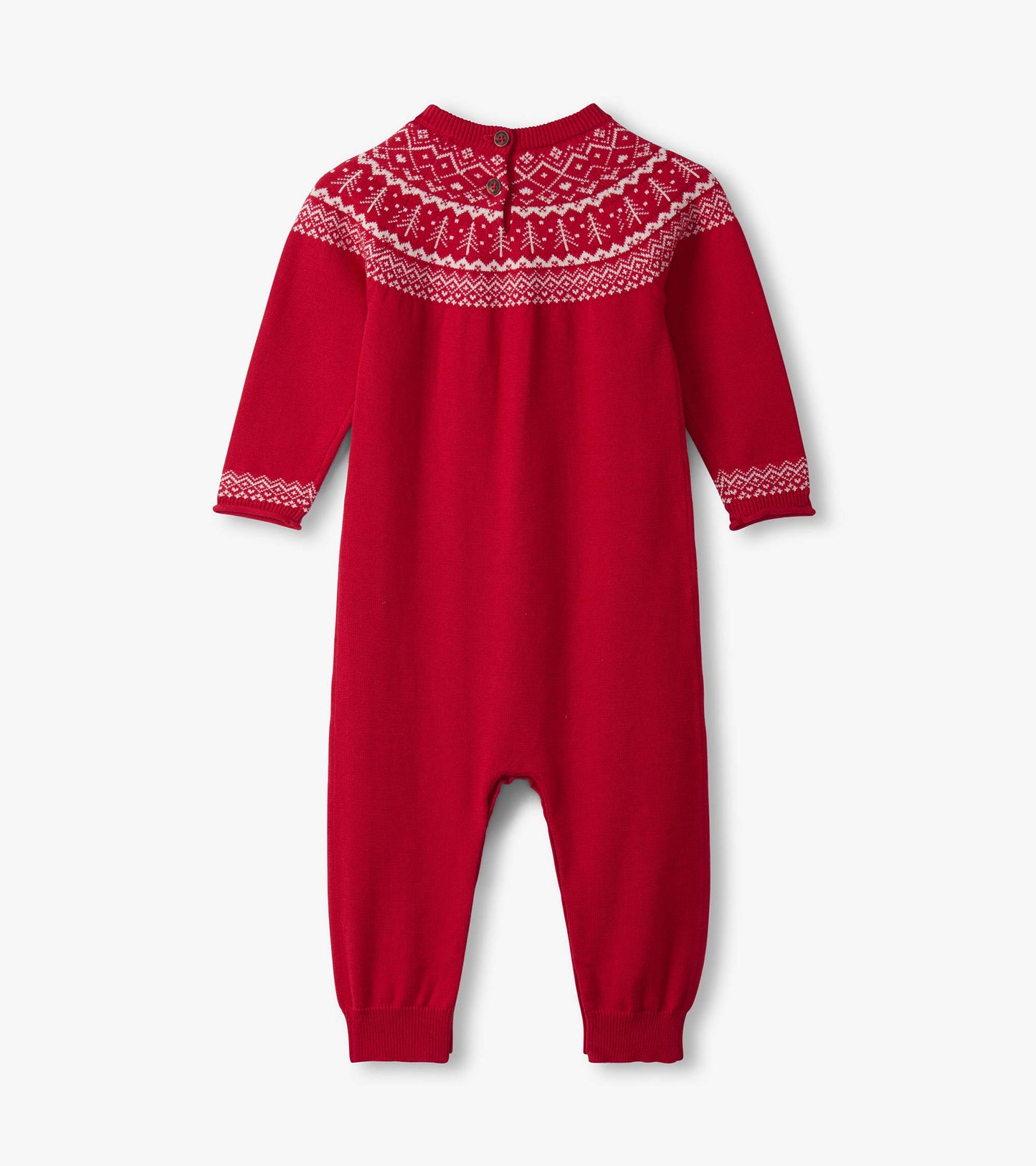 Red Fair Isle sweater romper with long sleeves, decorative knit pattern at the yoke, and button closure at the back.