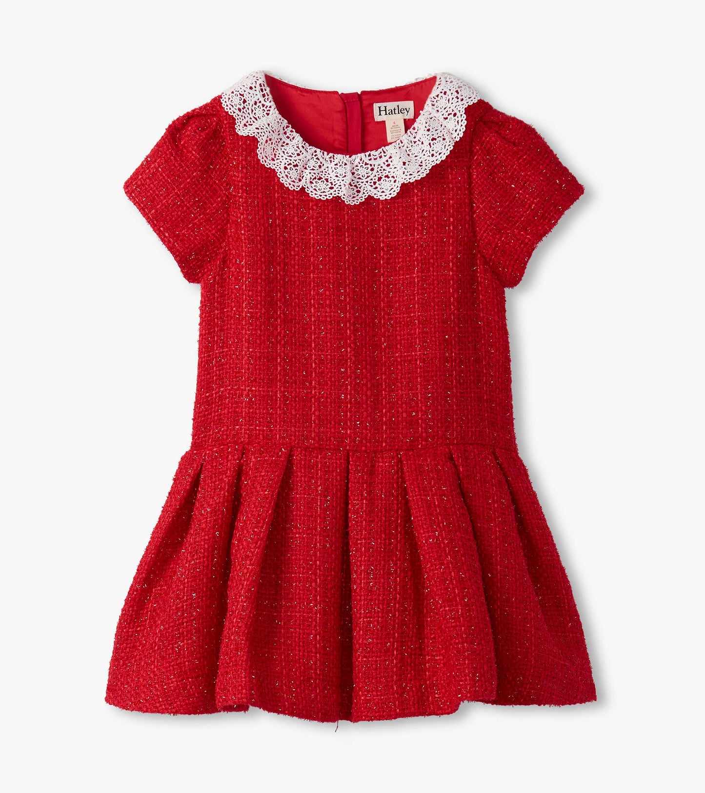 Red boucle dress with short sleeves, pleated skirt, and a white lace collar. Back zipper closure.