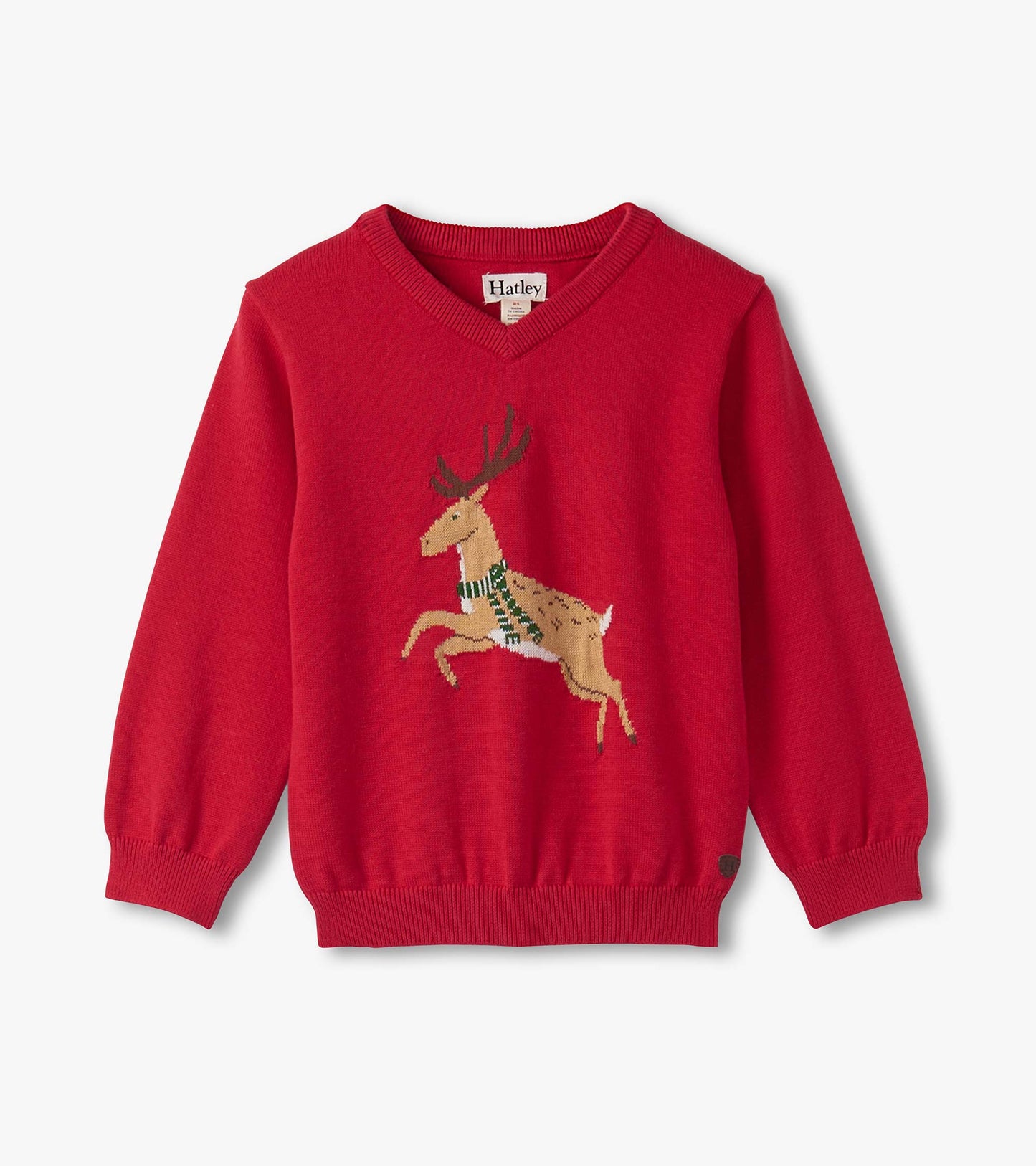 Red V-neck sweater for baby boys featuring a leaping deer design with a green and white scarf. Soft knit material.