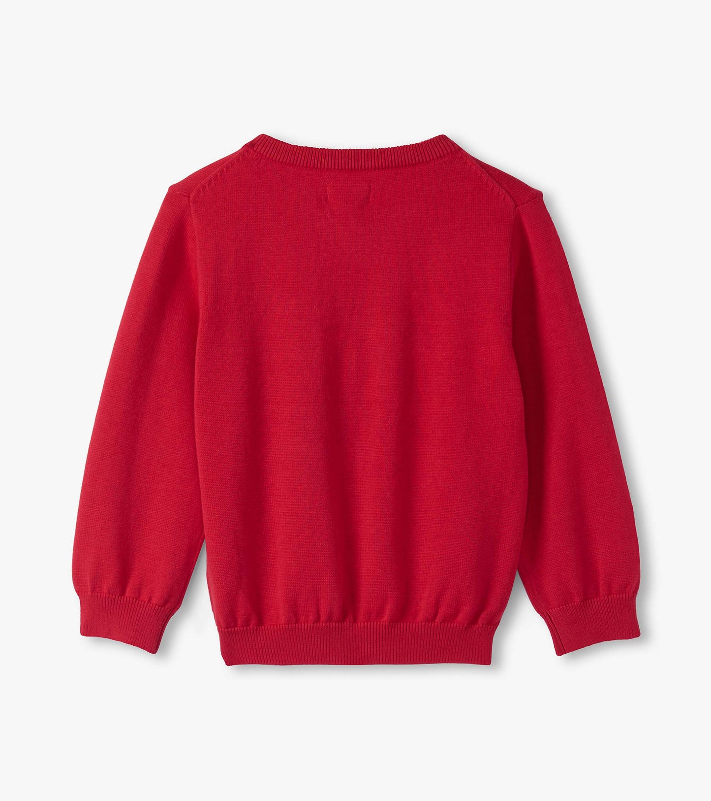 Red V-neck sweater for baby and toddler boys with long sleeves and ribbed cuffs, shown from the back.
