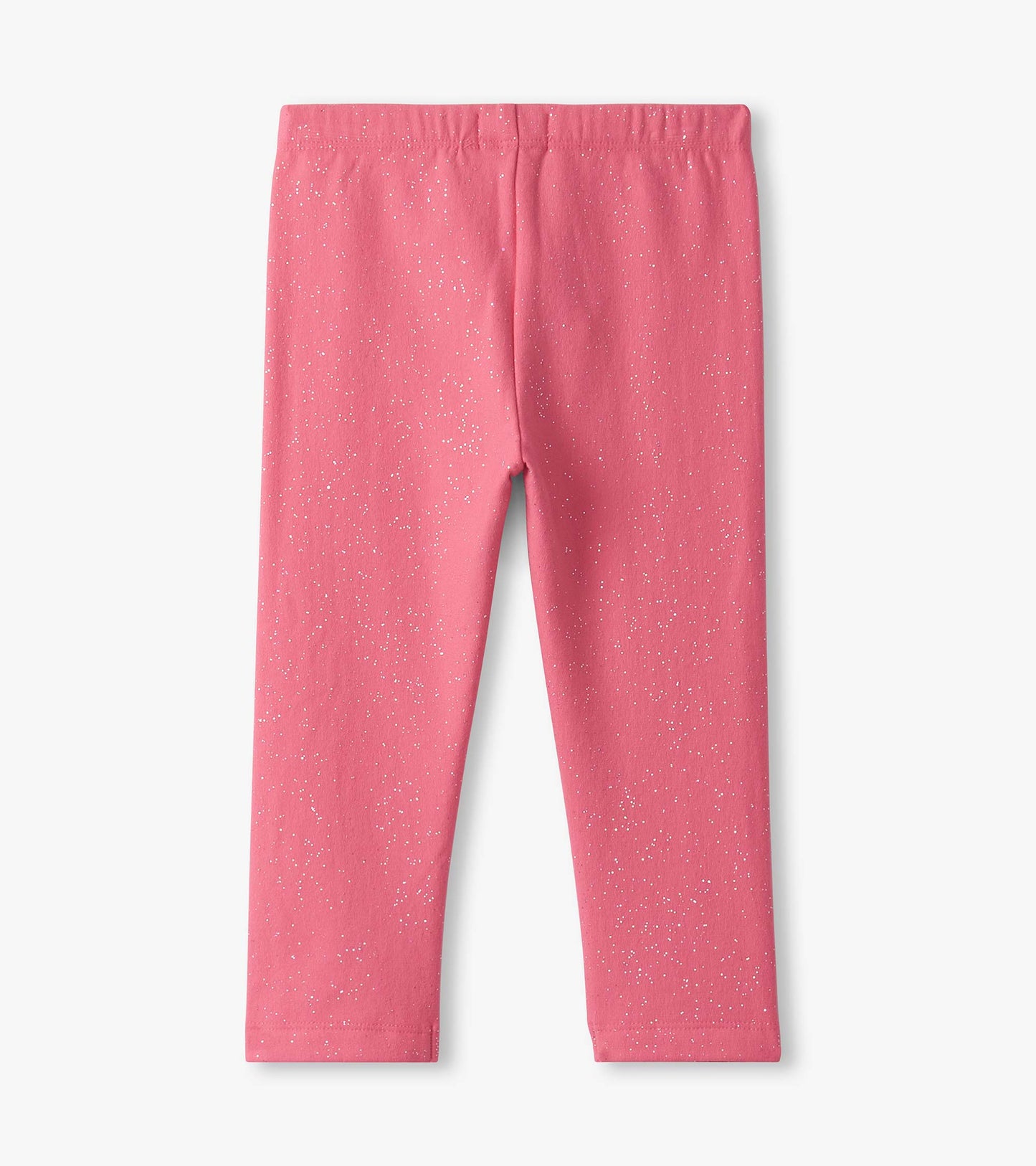 Pink cozy leggings with a sparkly pattern, featuring an elastic waistband for easy wear.