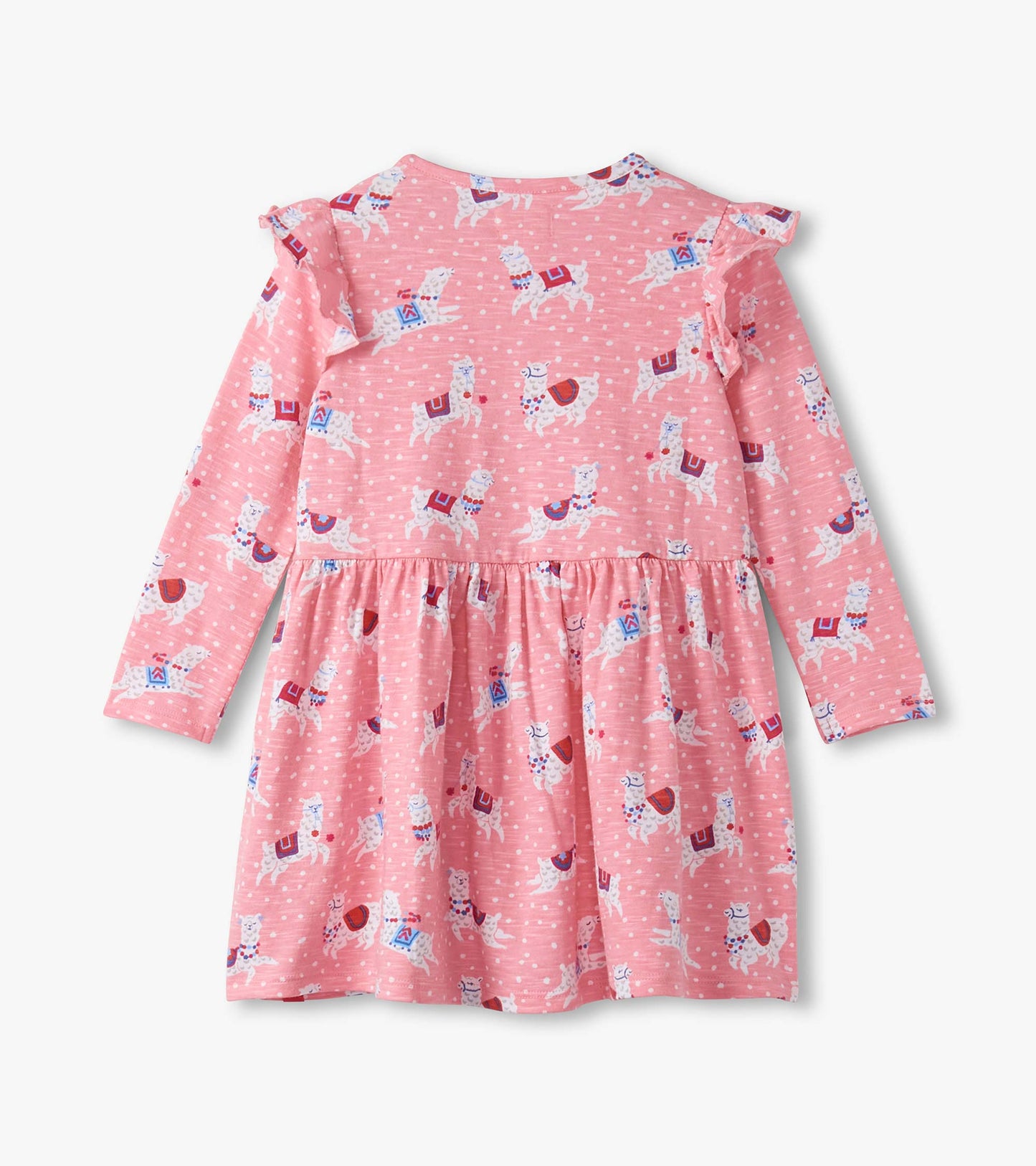 Pink long-sleeve dress with ruffle sleeves, featuring a playful alpaca print and a flared skirt.