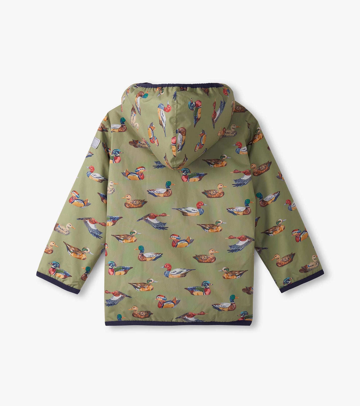 Lightweight raincoat featuring a duck print on a green background, with a hood and navy trim. Back view shown.