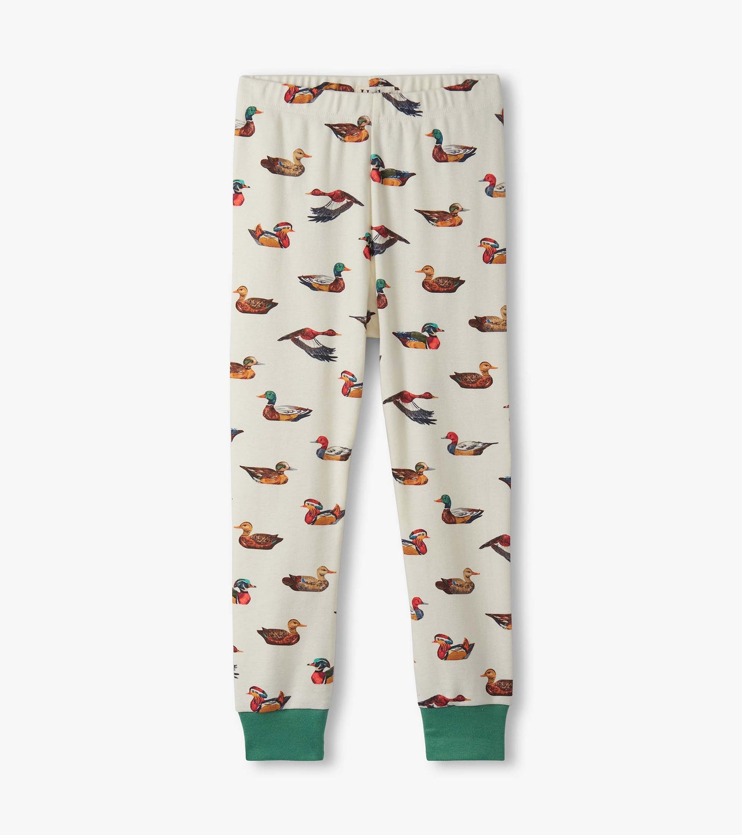 Cotton pyjama set featuring a cream background with colorful duck decoy prints and green cuffs.