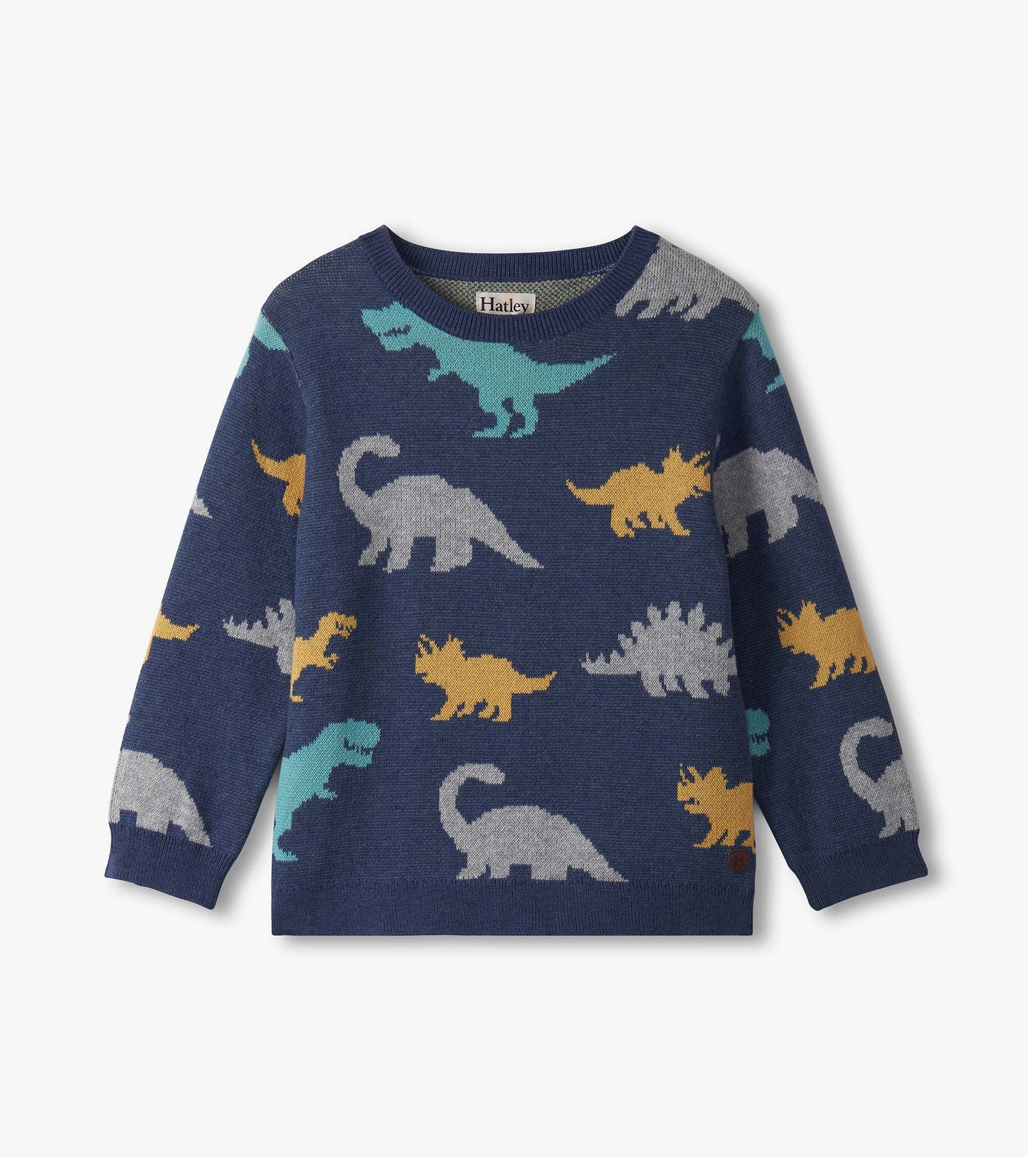 Navy crew neck sweater featuring colorful dinosaur patterns, suitable for baby and toddler boys.