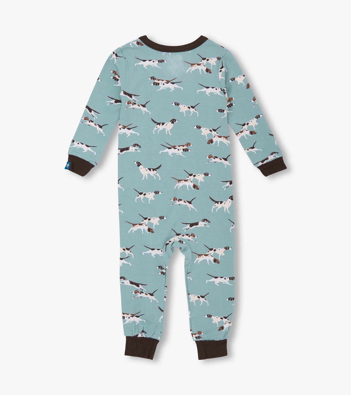 Bamboo sleeper for baby boys in teal with a playful hunting dog pattern and brown cuffs, featuring long sleeves and footed d…
