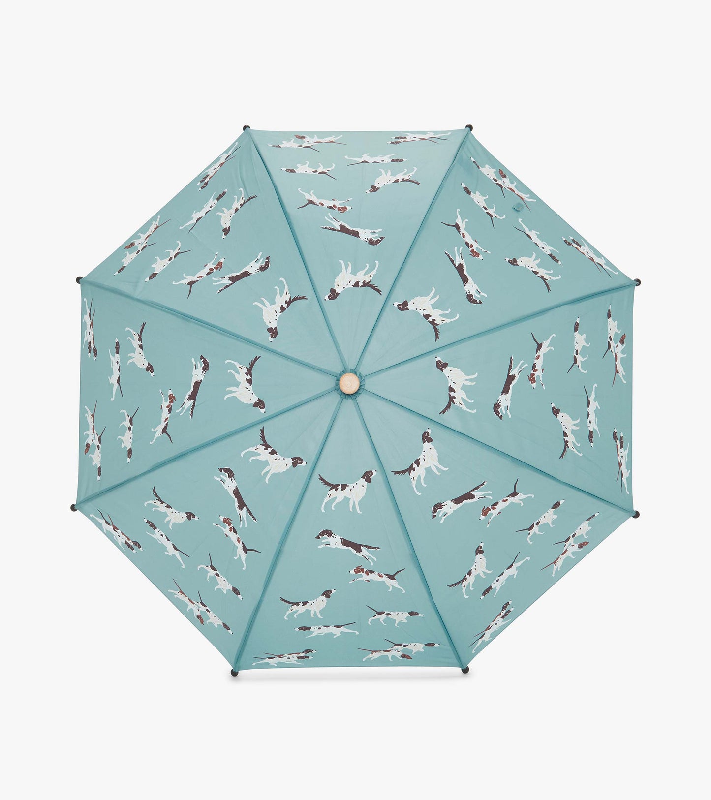 Teal umbrella featuring playful hunting dog patterns, designed for kids, with an eight-panel structure.