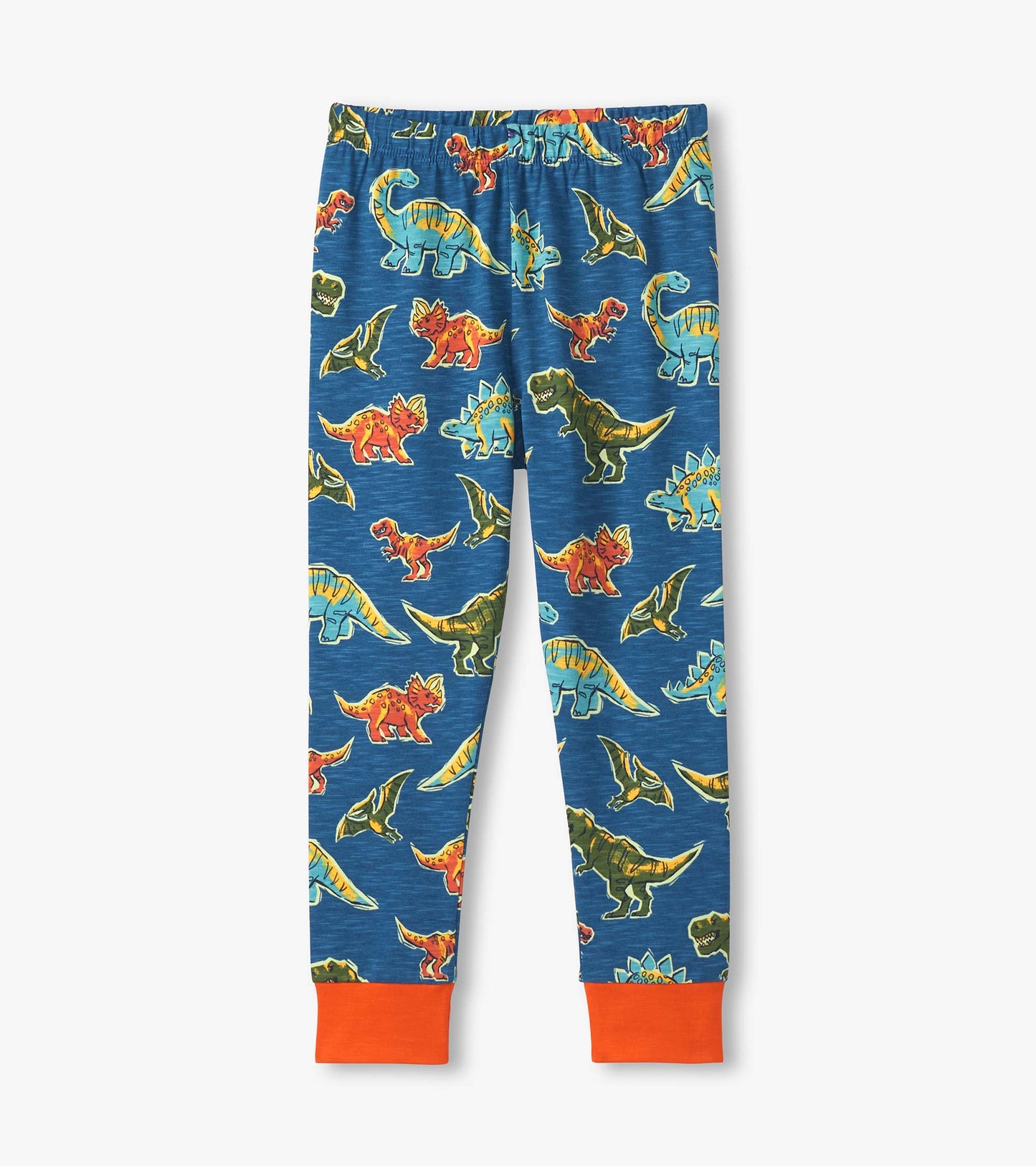 Blue cotton pyjama pants featuring colorful dinosaur patterns and orange cuffs, suitable for boys.