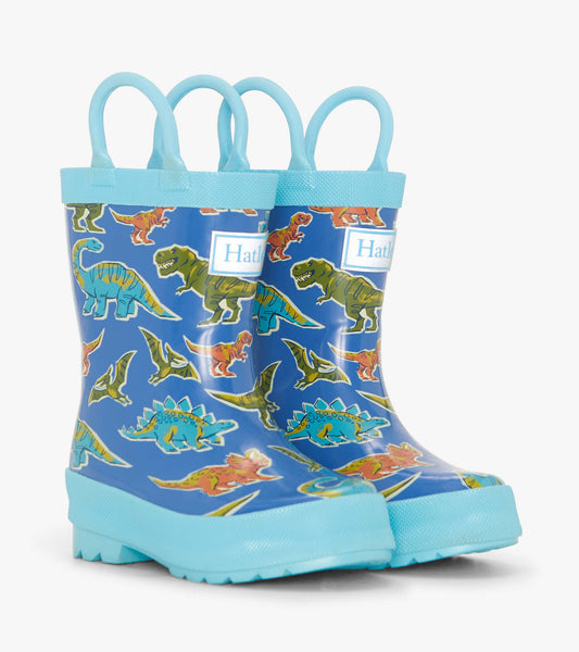 Blue toddler wellies featuring colorful dinosaur patterns and light blue accents, designed for outdoor play.