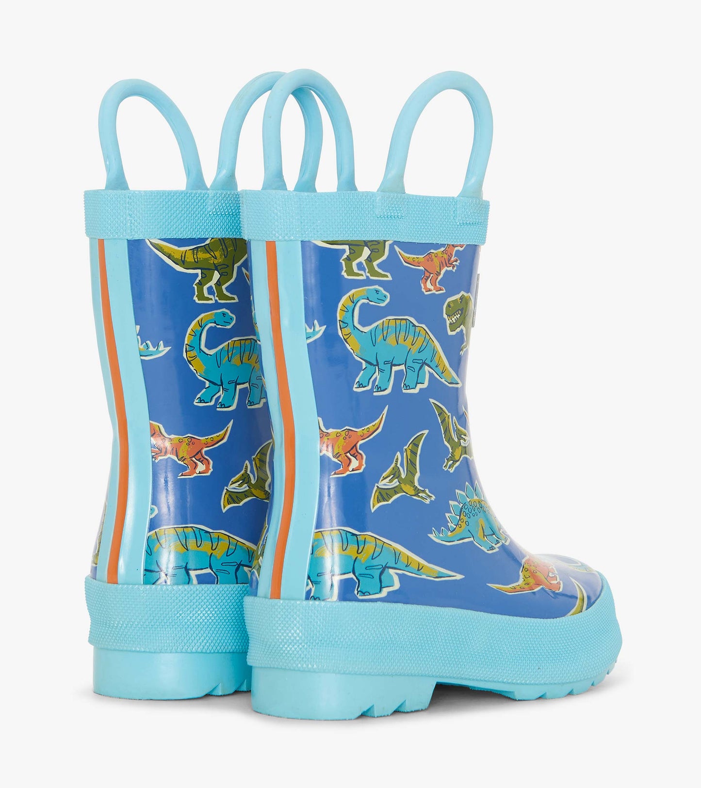 Blue toddler wellies featuring colorful dinosaur patterns and two sturdy handles for easy wear.