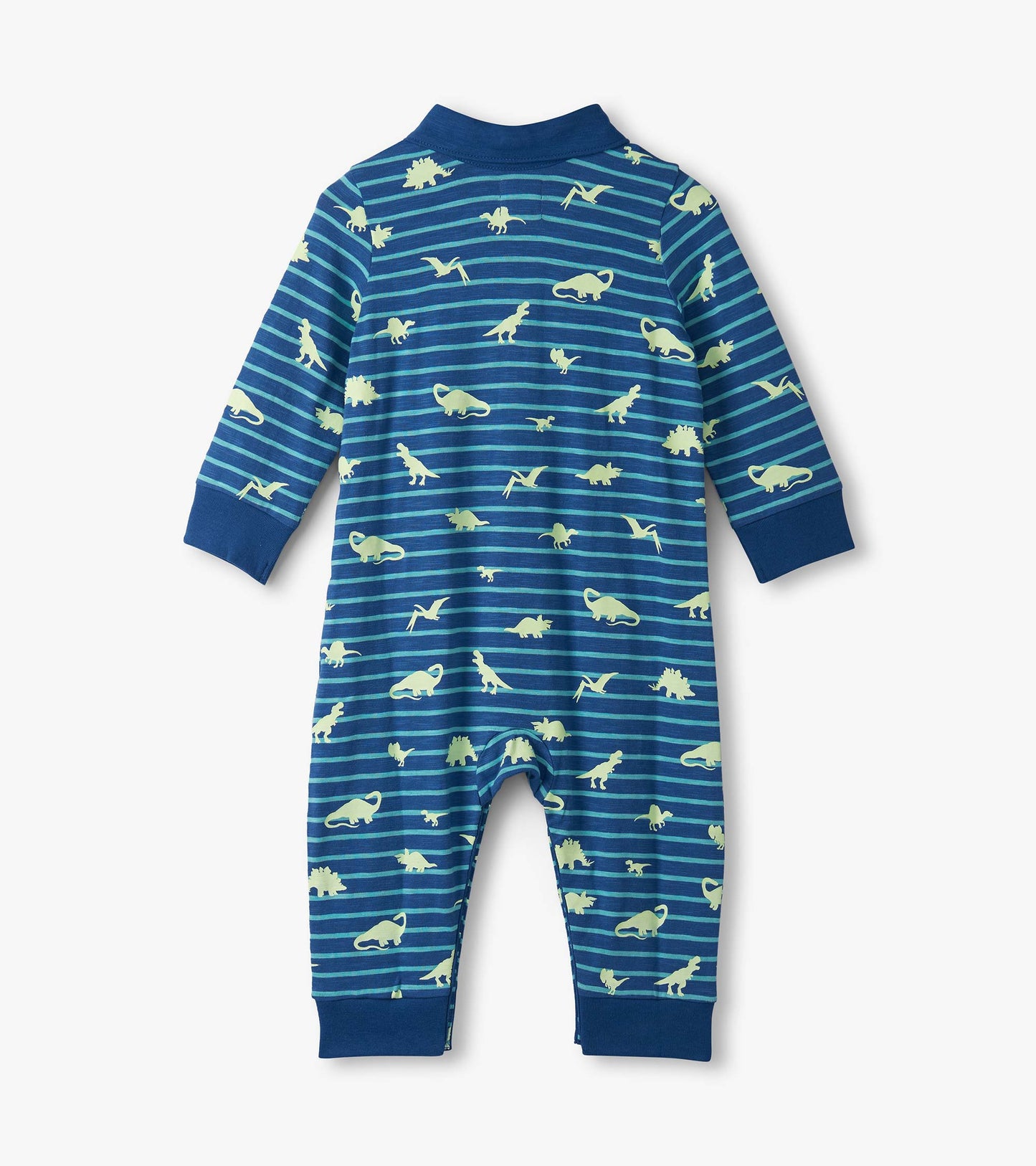 Navy blue polo romper with glow-in-the-dark dinosaur patterns and stripes, featuring long sleeves and a collar.