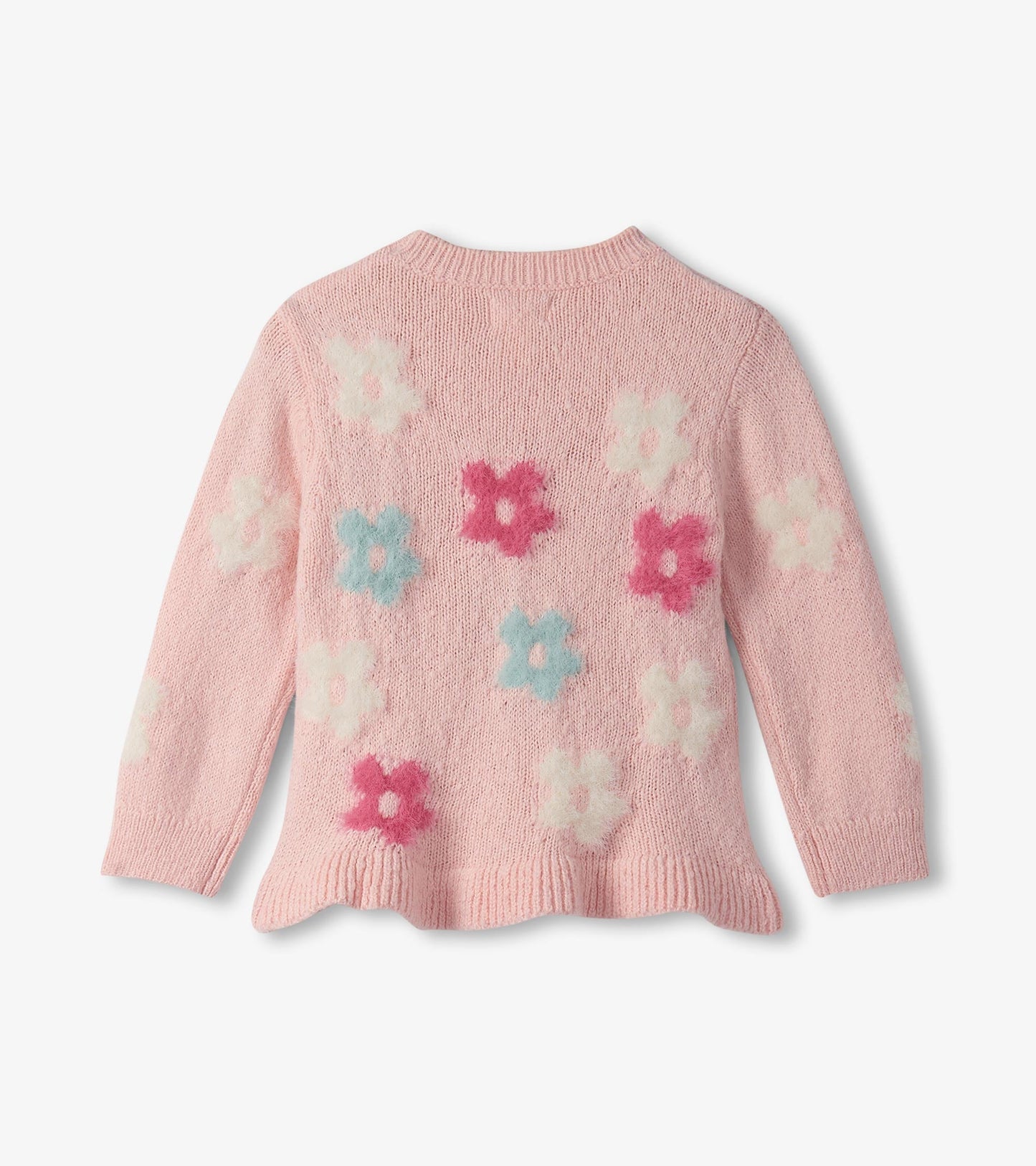 Pink sweater featuring colorful English rose flower patterns, with long sleeves and a scalloped hem.