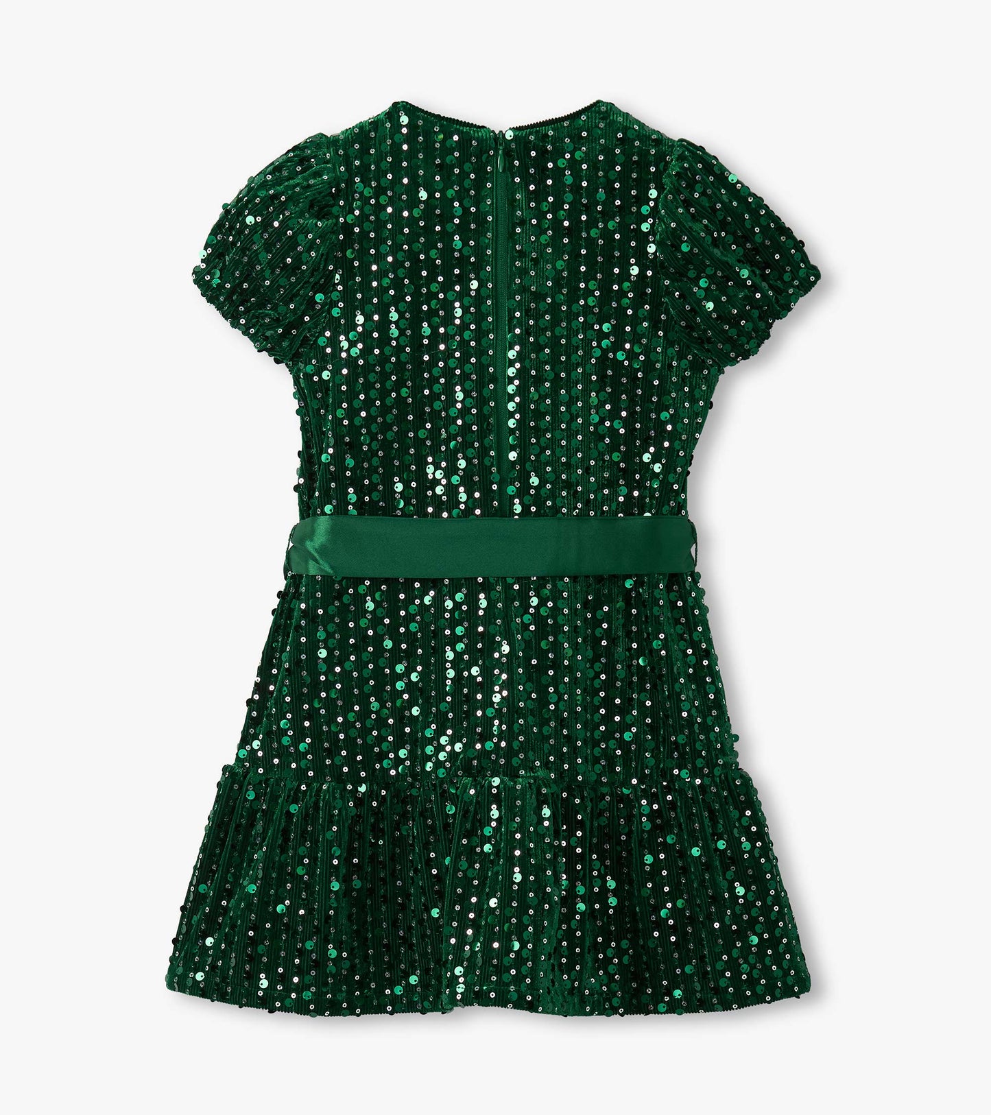 Green velvet dress adorned with sequins, featuring short puff sleeves and a flared skirt. Back zipper closure.