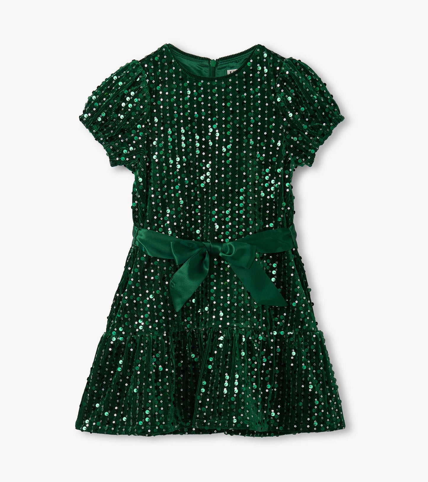 Green velvet dress adorned with sequins, featuring short puff sleeves and a ruffled hem, tied with a matching belt.