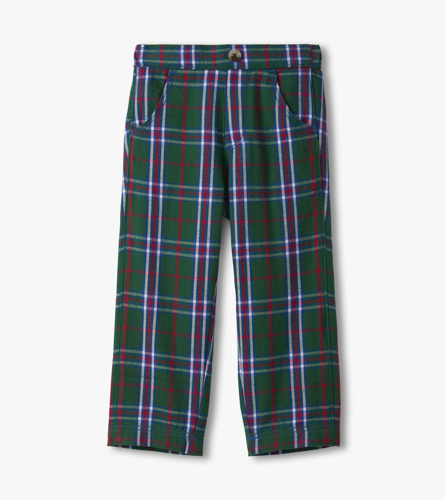 Green plaid straight leg pants with red and blue accents, featuring pockets and a button closure.