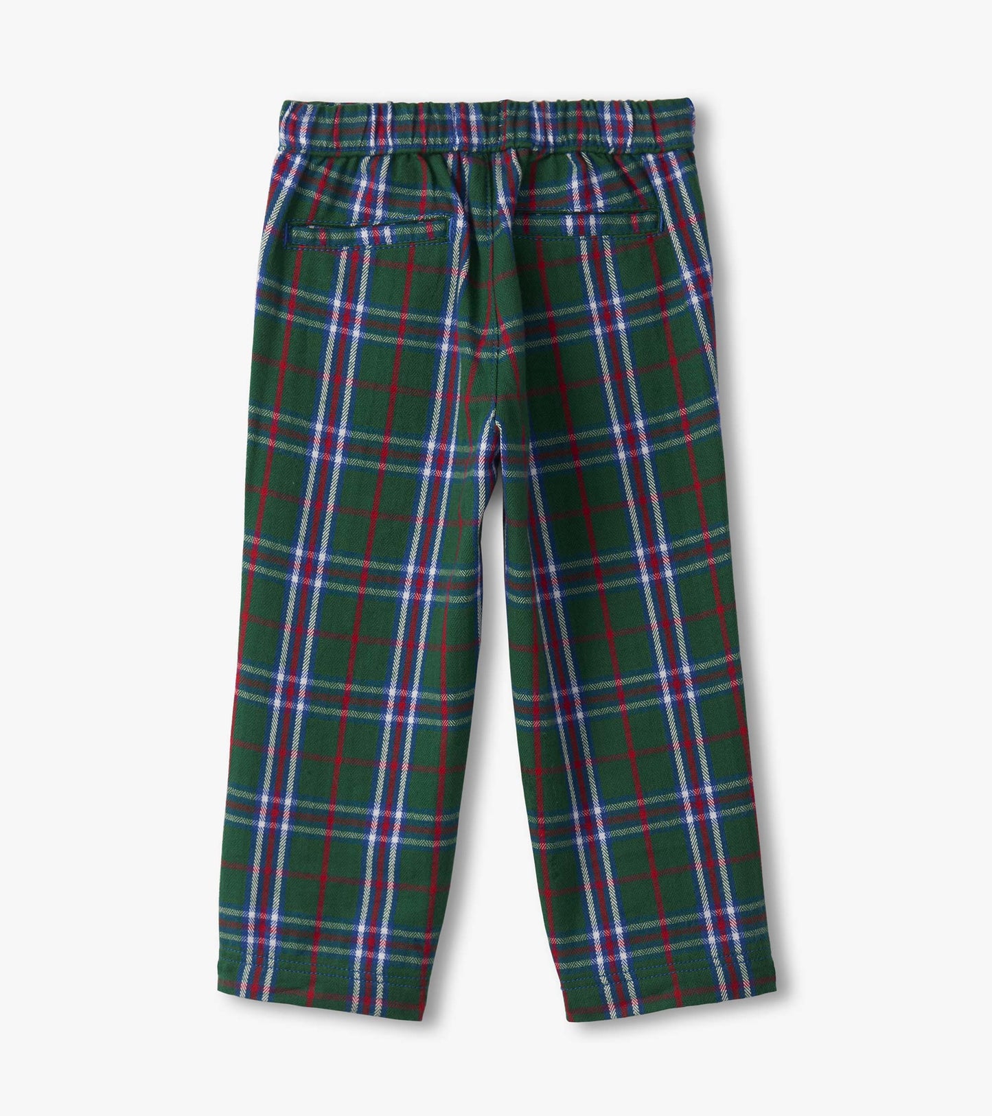 Green plaid straight leg pants with red and blue accents, featuring an elastic waistband and back pockets.