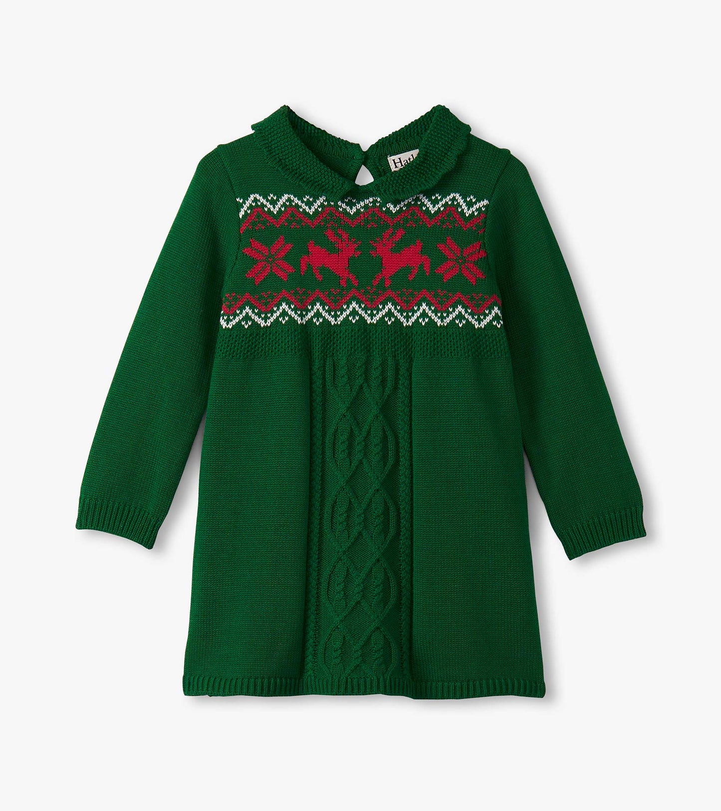 Eden green cable knit sweater dress with a red and white patterned yoke and a round collar, suitable for baby and toddler gi…