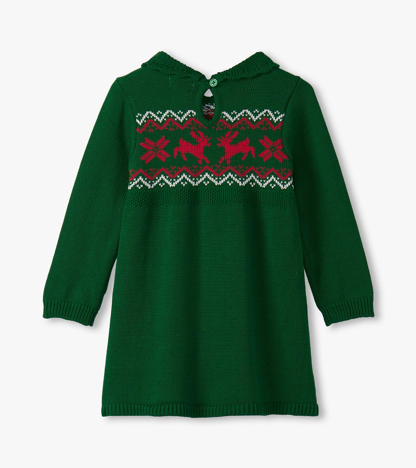 Eden green cable knit sweater dress featuring a festive red and white reindeer pattern and a button closure at the back.