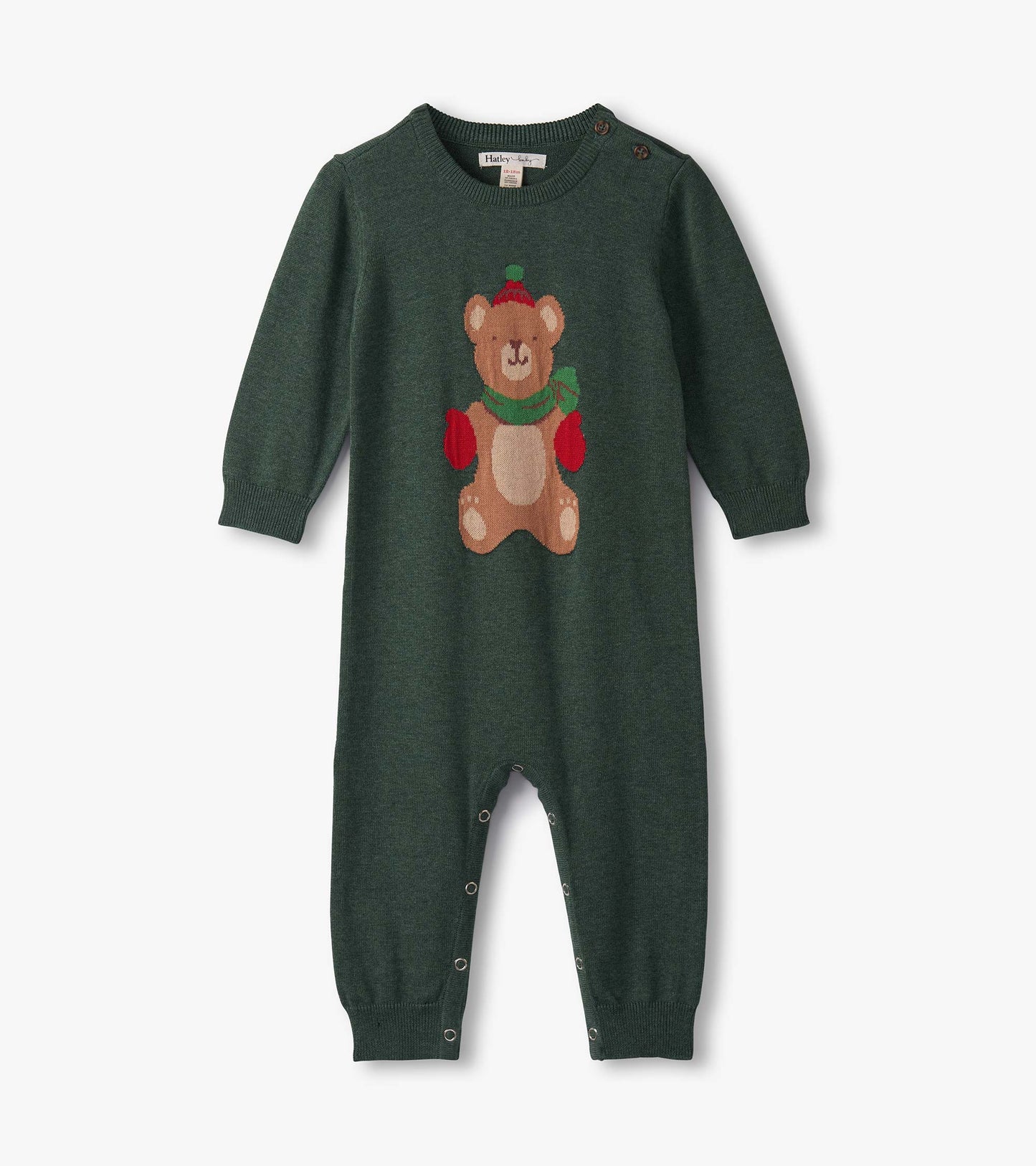 Green knitted sweater romper featuring a teddy bear design, long sleeves, and snap closures at the bottom.