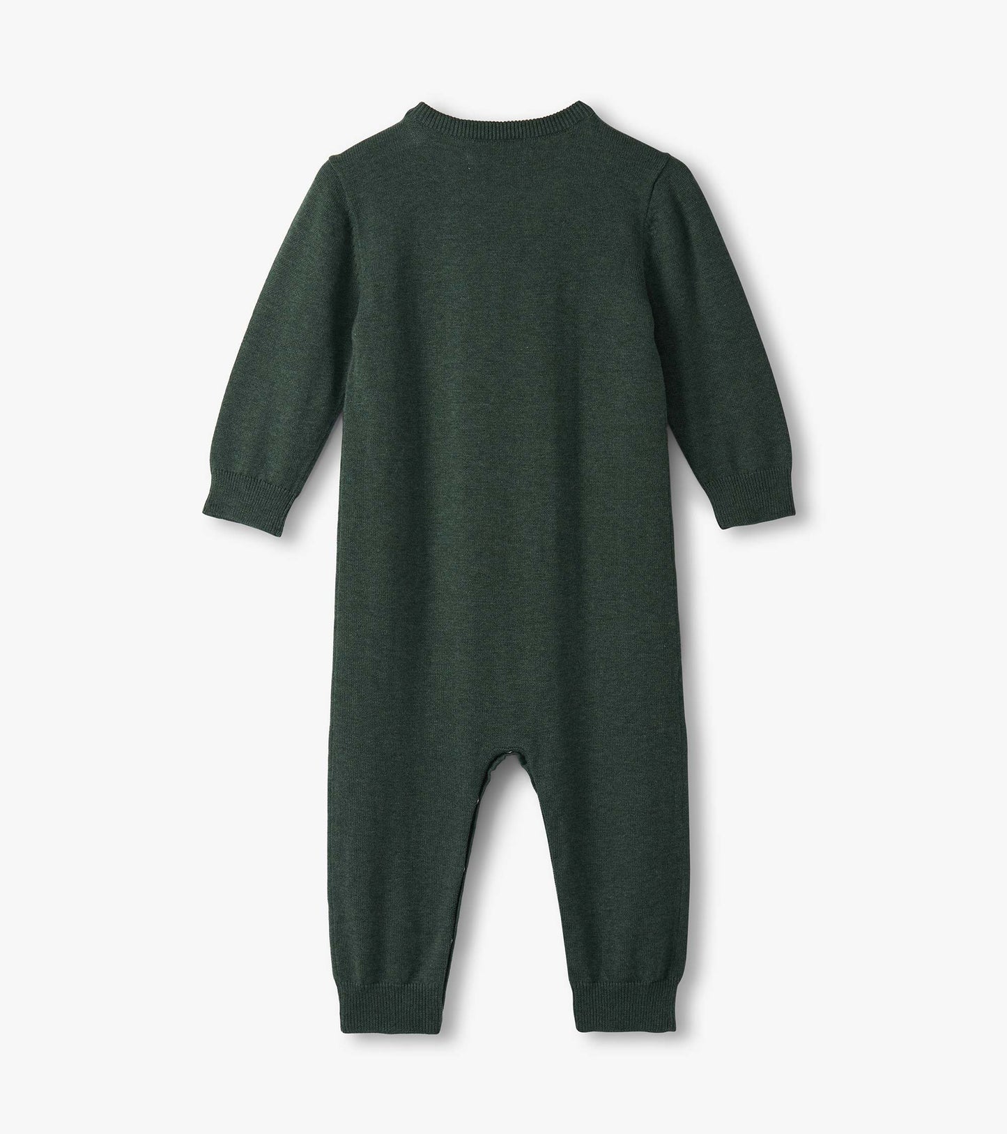 Dark green knitted sweater romper for baby boys, featuring long sleeves and a round neckline.
