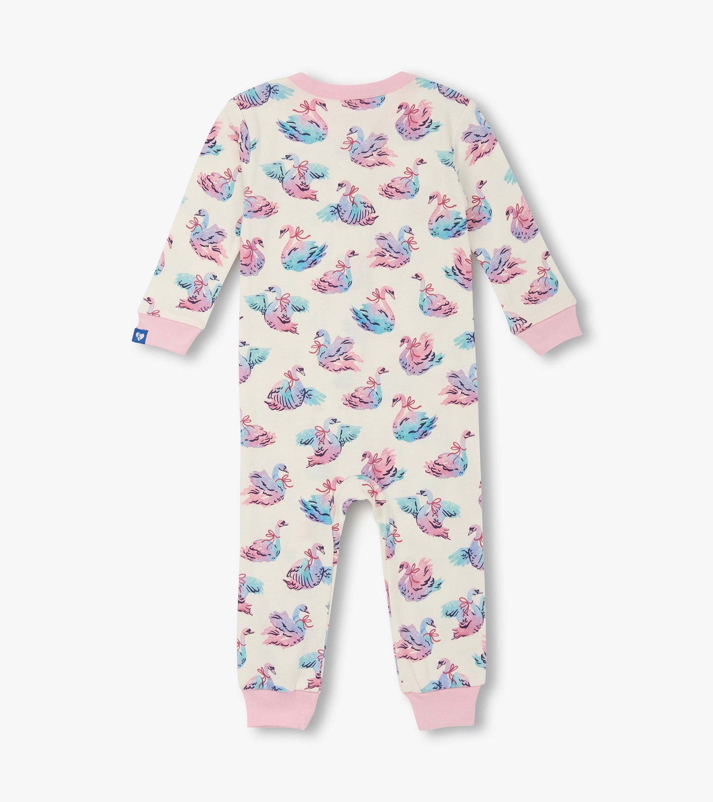 Cotton sleeper for baby girls featuring a pastel swan print with pink accents, designed for comfort and warmth.
