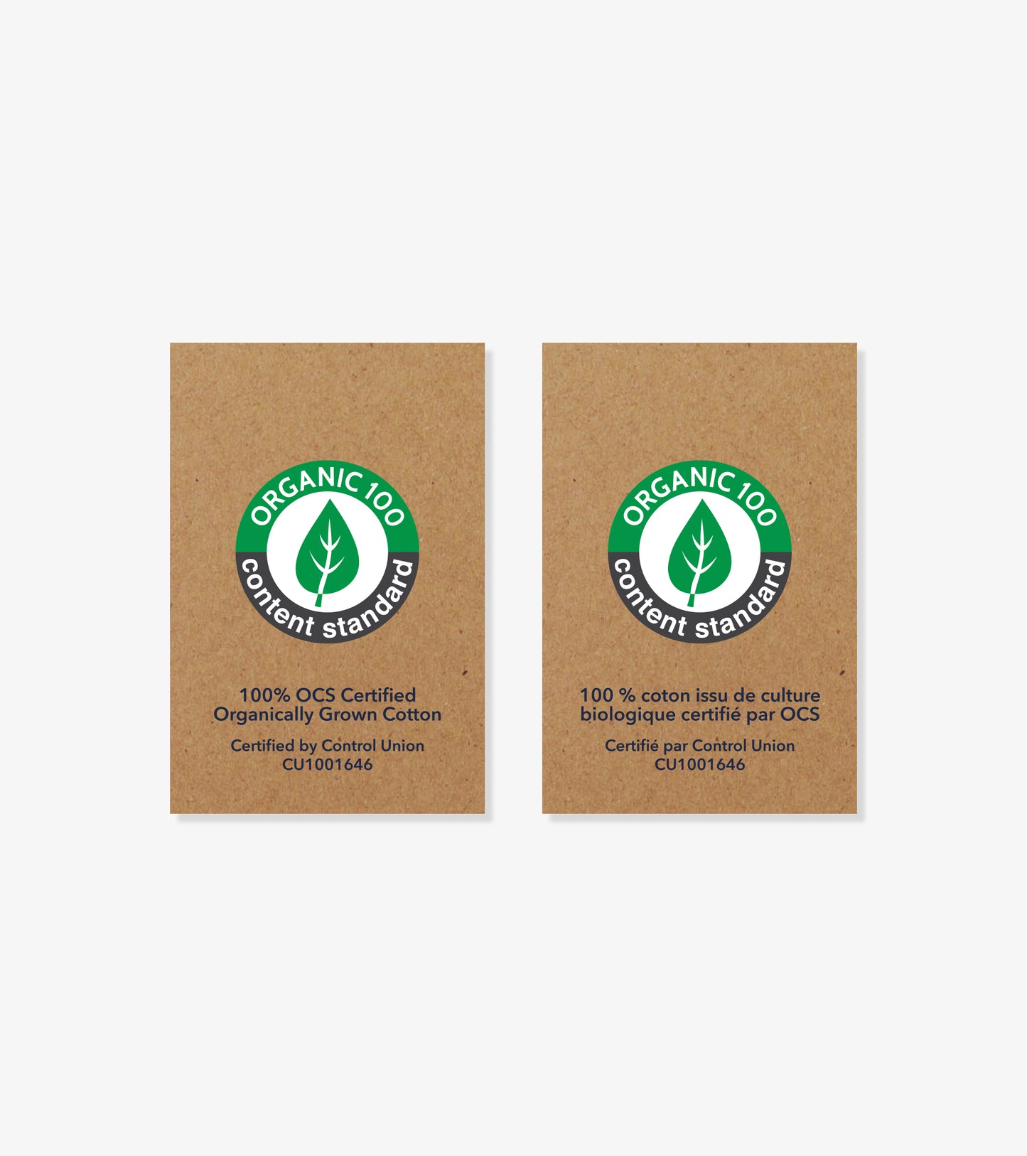 Two brown organic cotton certification labels with green leaf logo and text in English and French.