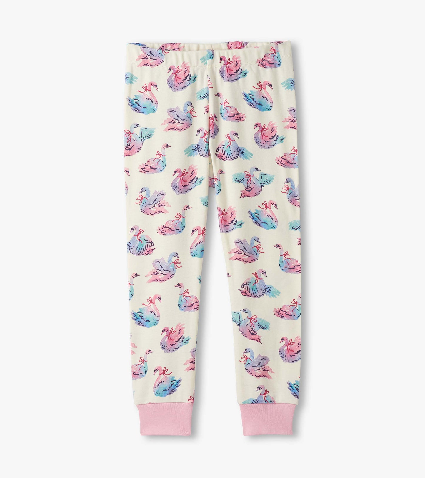 Cotton pyjama set featuring a pastel swan print on cream fabric with pink cuffs. Ideal for comfortable sleepwear.