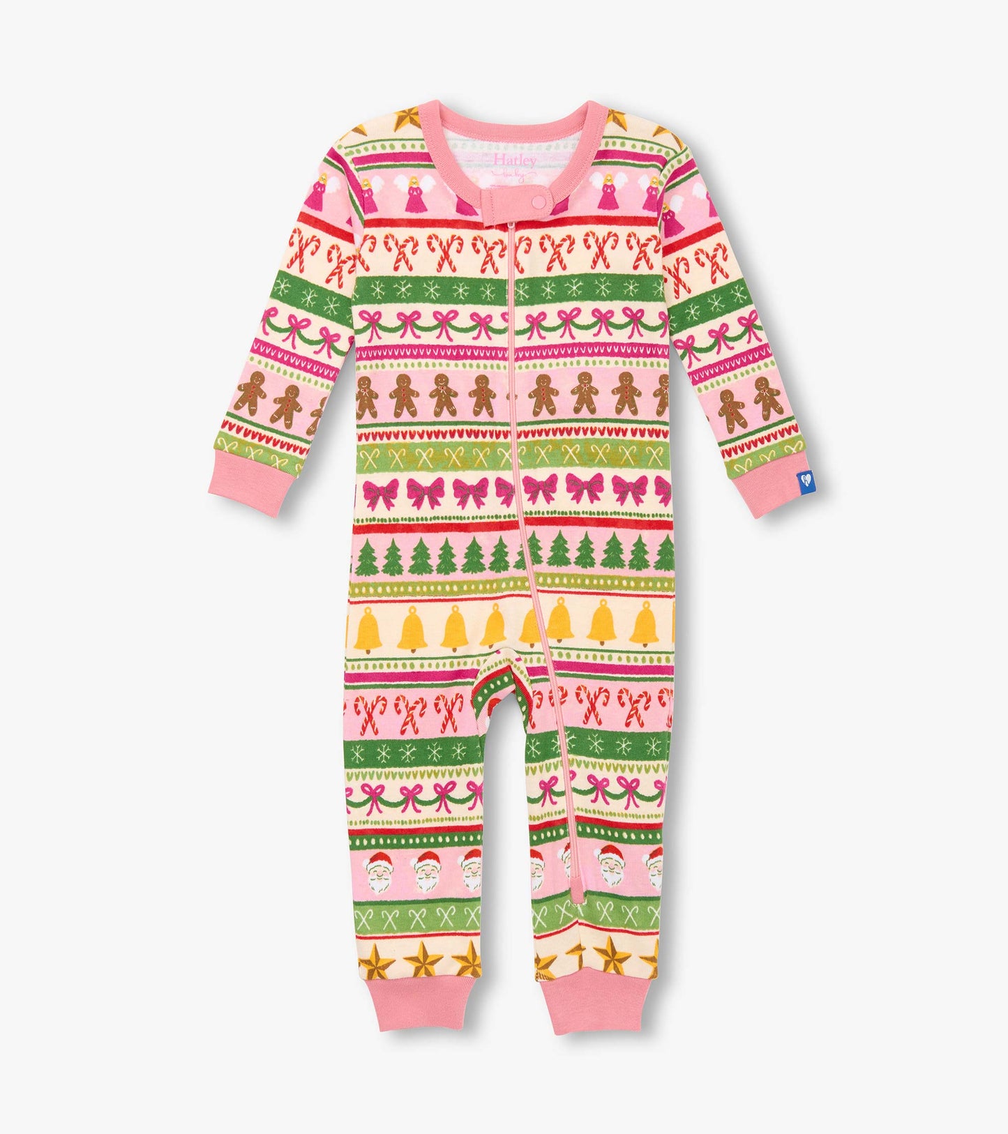 Pink cotton sleeper featuring a fun Fair Isle pattern with gingerbread, bows, and Christmas motifs.