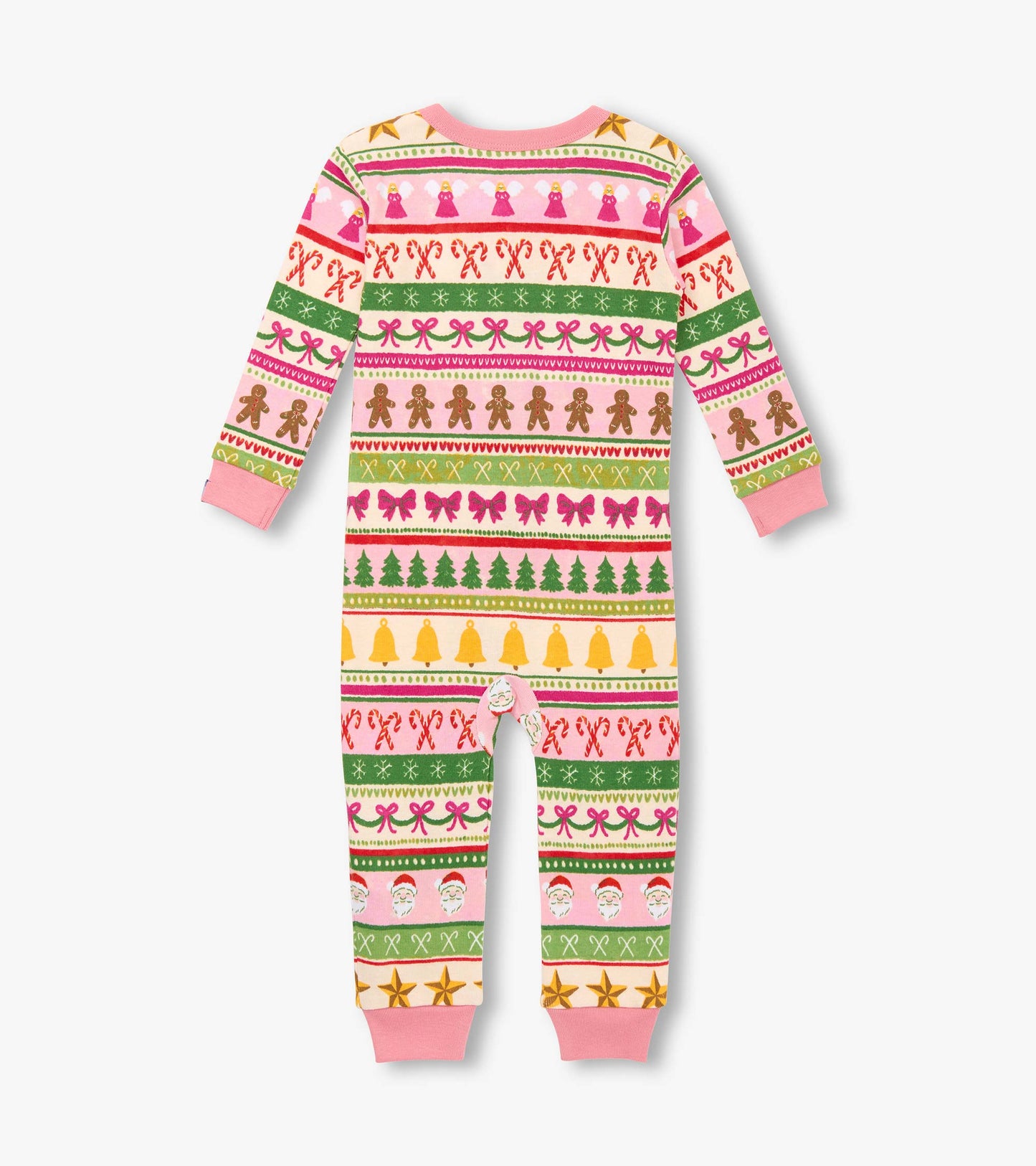 Pink cotton sleeper with festive Fair Isle pattern, featuring gingerbread, bows, and Christmas trees. Long sleeves and foote…