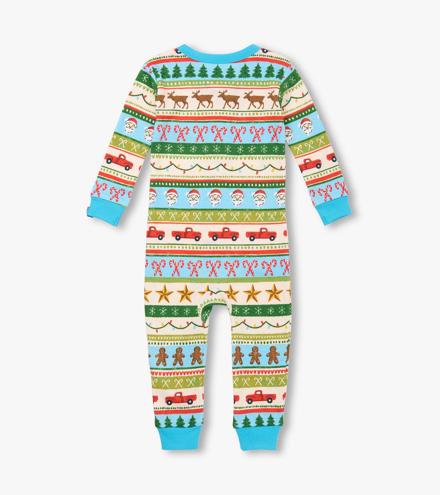 Blue cotton sleeper featuring a fun Fair Isle pattern with festive motifs like trees, reindeer, and gingerbread men.
